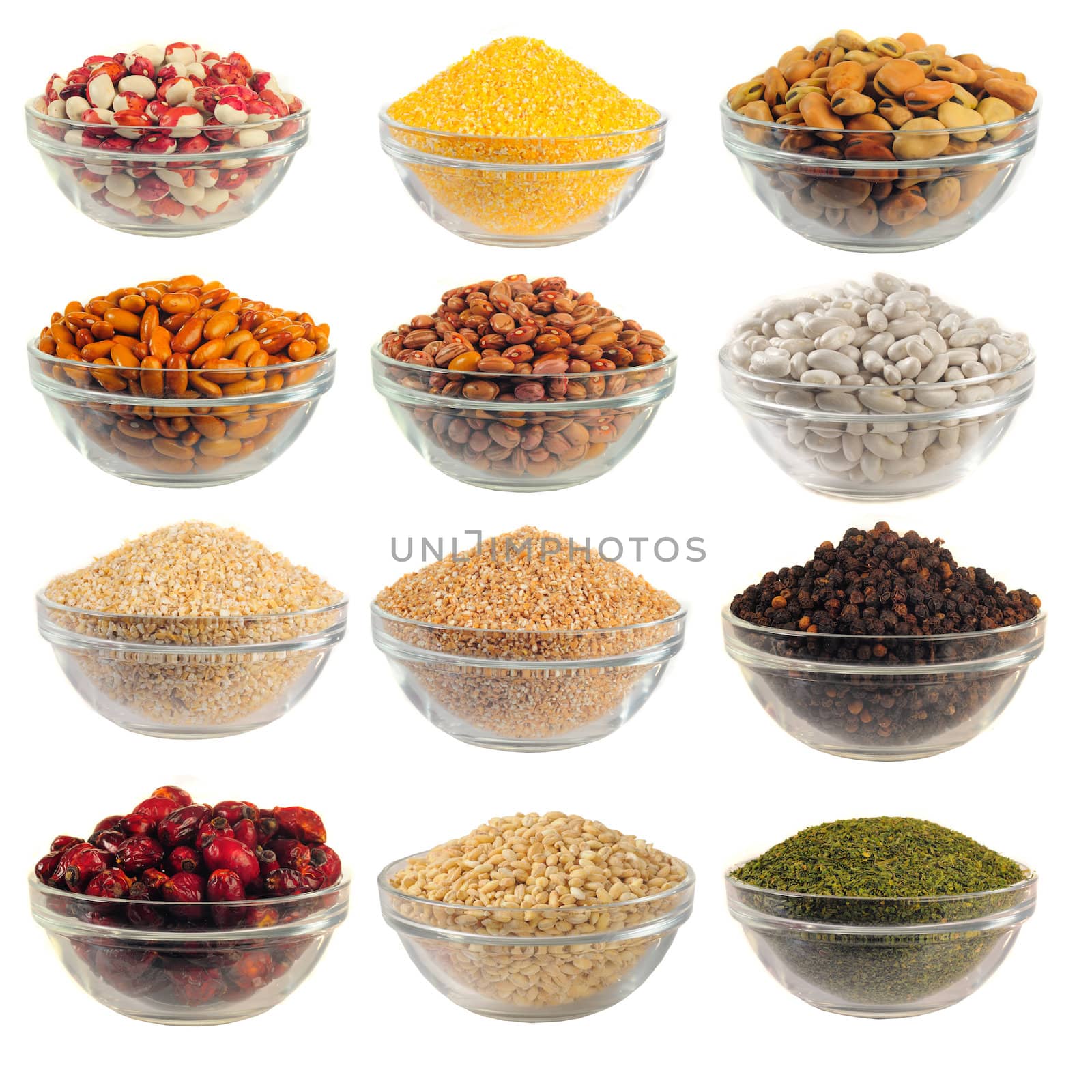 Choice dry food to utensils on a white background