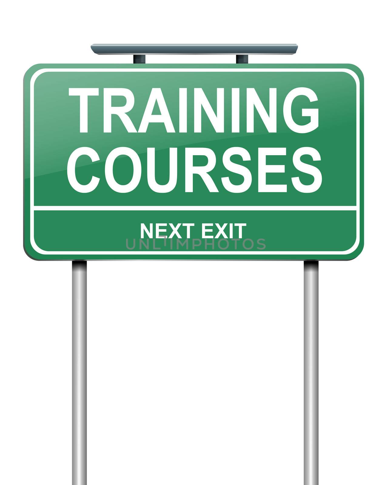 Illustration depicting a green roadsign with a training courses concept. White background.