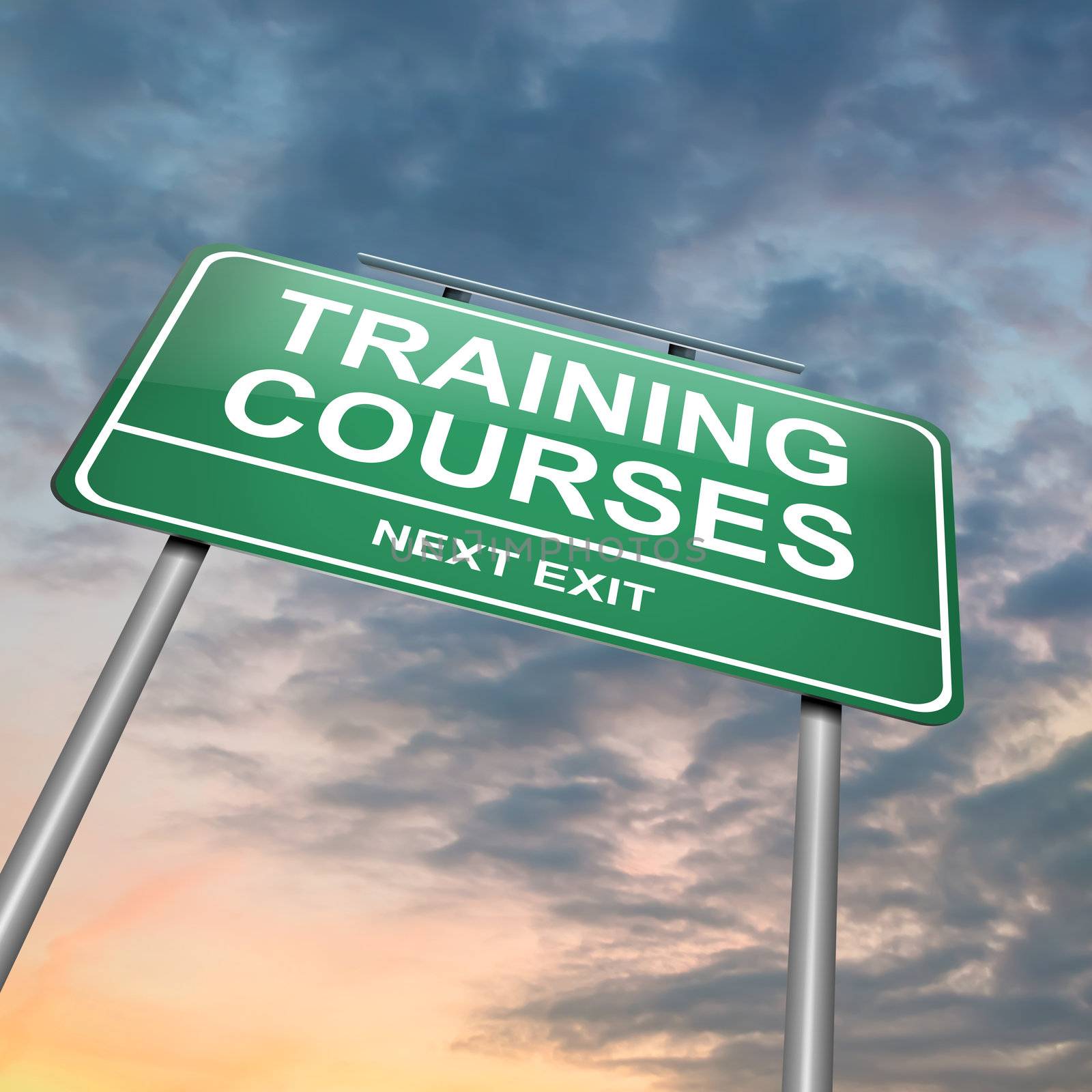 Illustration depicting an illuminated green roadsign with a training courses concept. Dramatic sunset sky background.