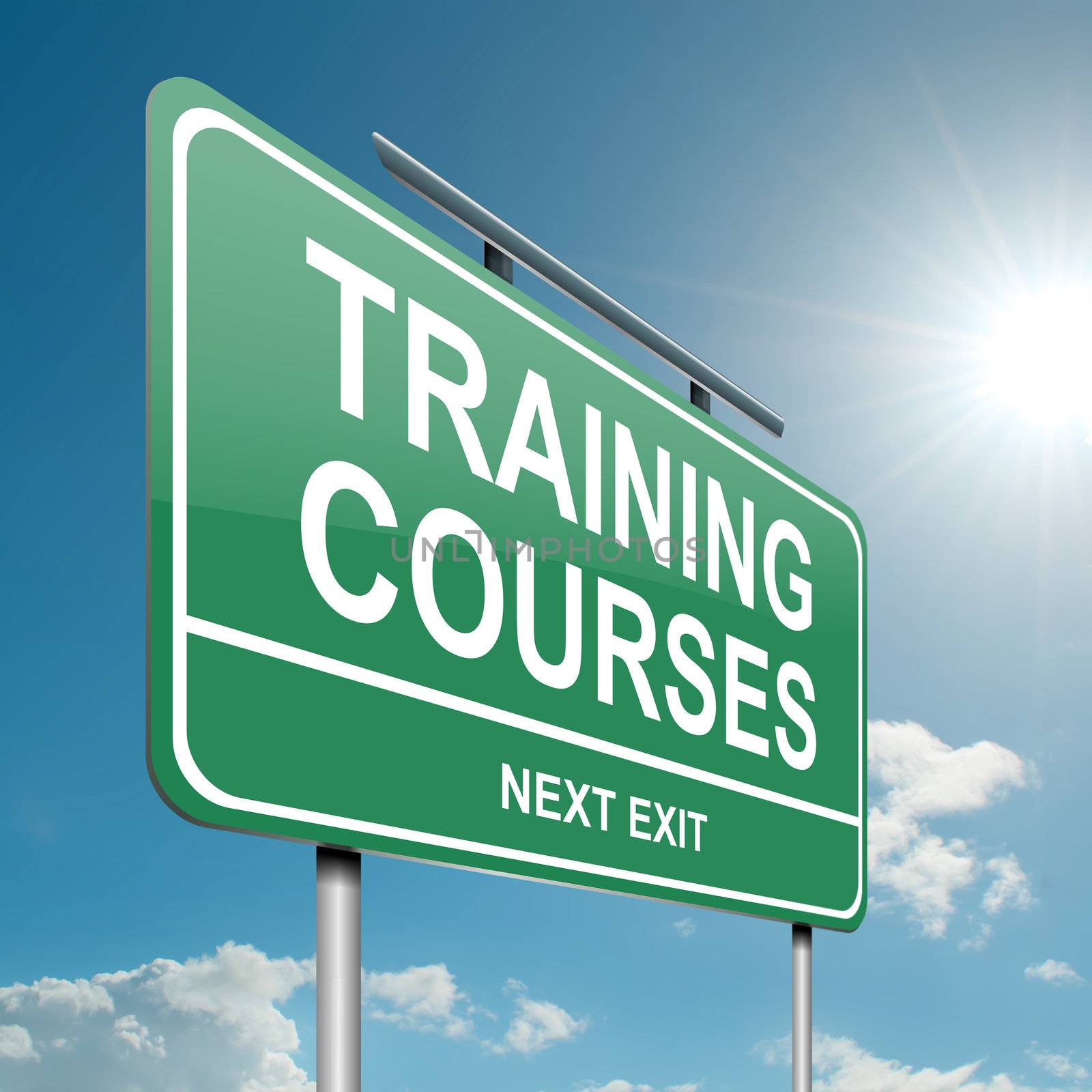 Illustration depicting a green roadsign with a training courses concept. Blue sky background.