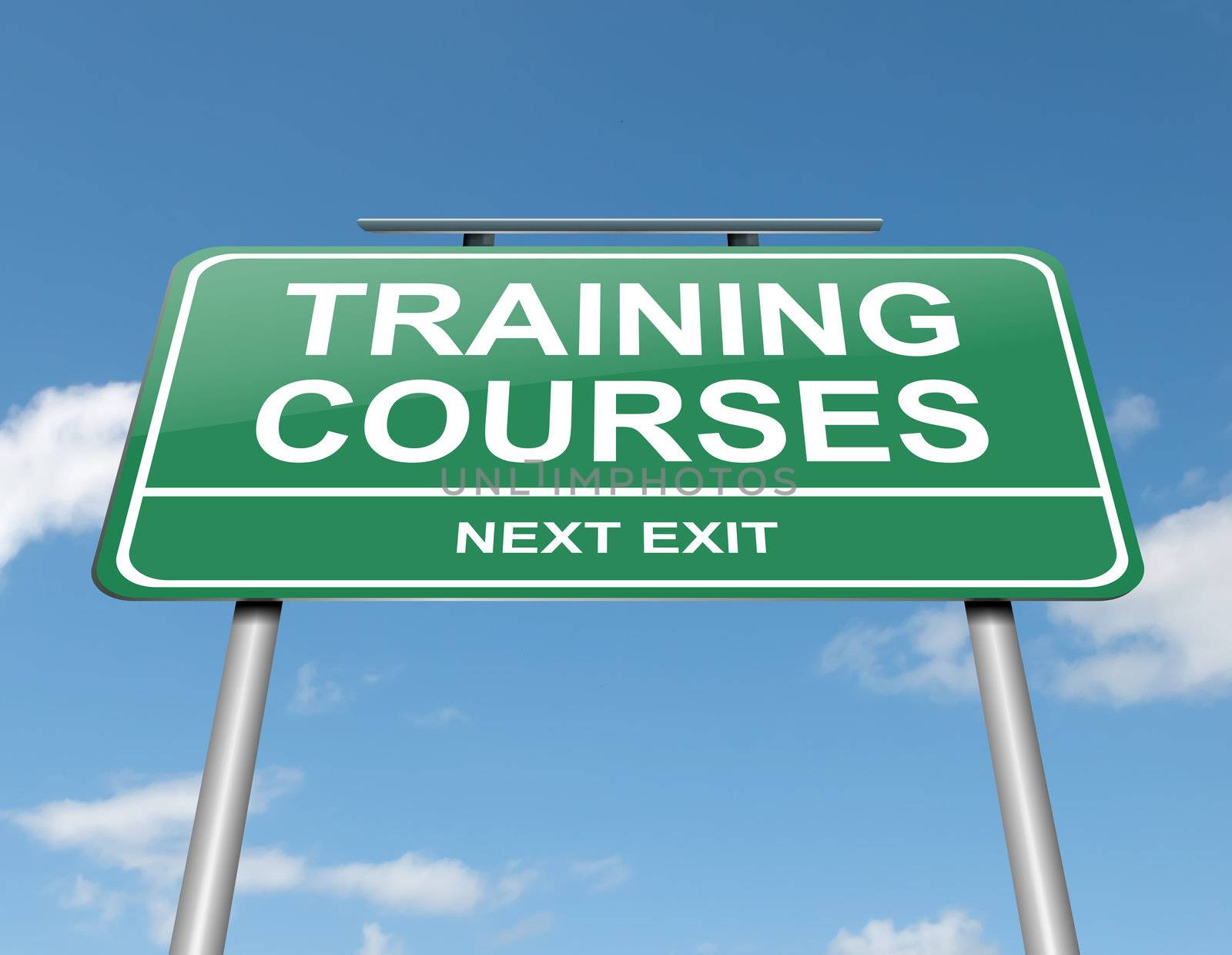 Illustration depicting a green roadsign with a training courses concept. Blue sky background.