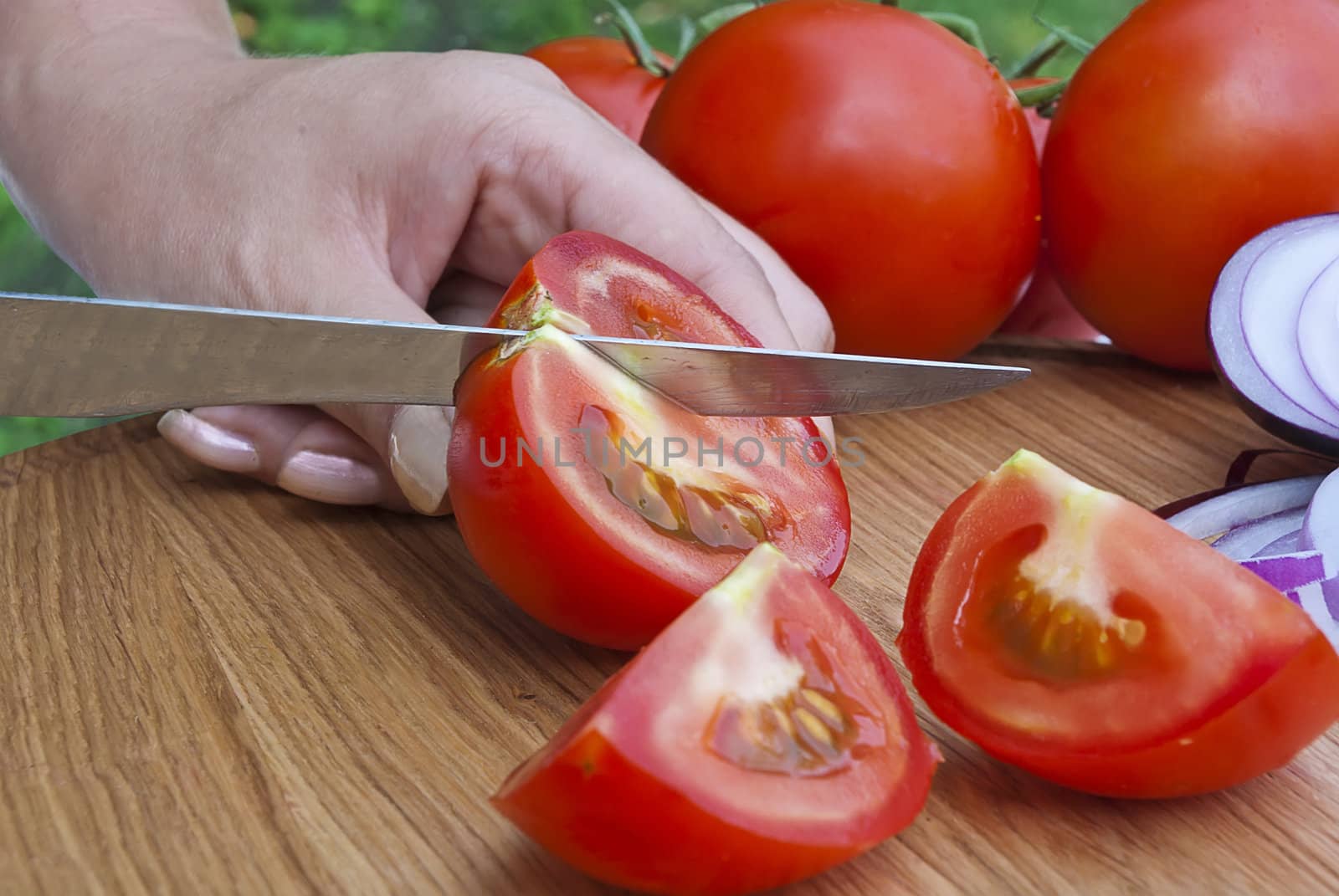 Preparing vegetables in garden on picnic