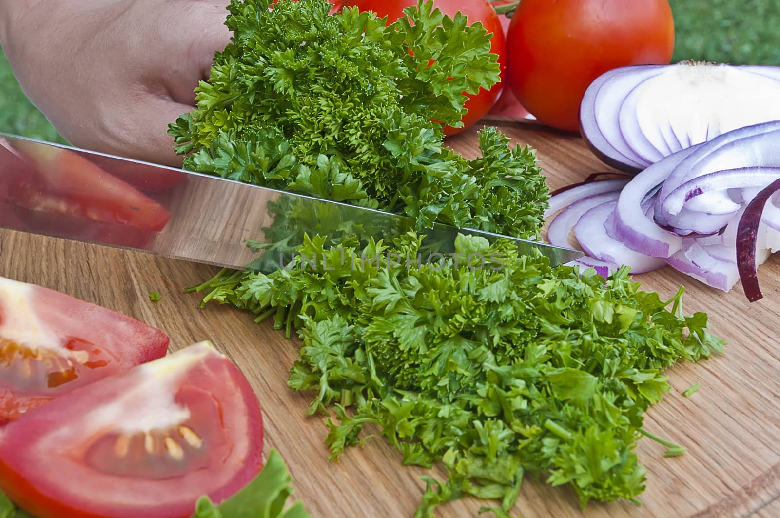 Preparing vegetables in garden on picnic