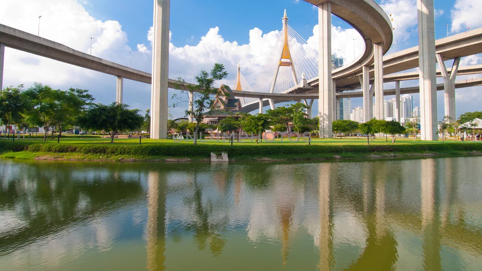 Bhumibol Bridge in Thailand,The bridge crosses the Chao Phraya River twice.