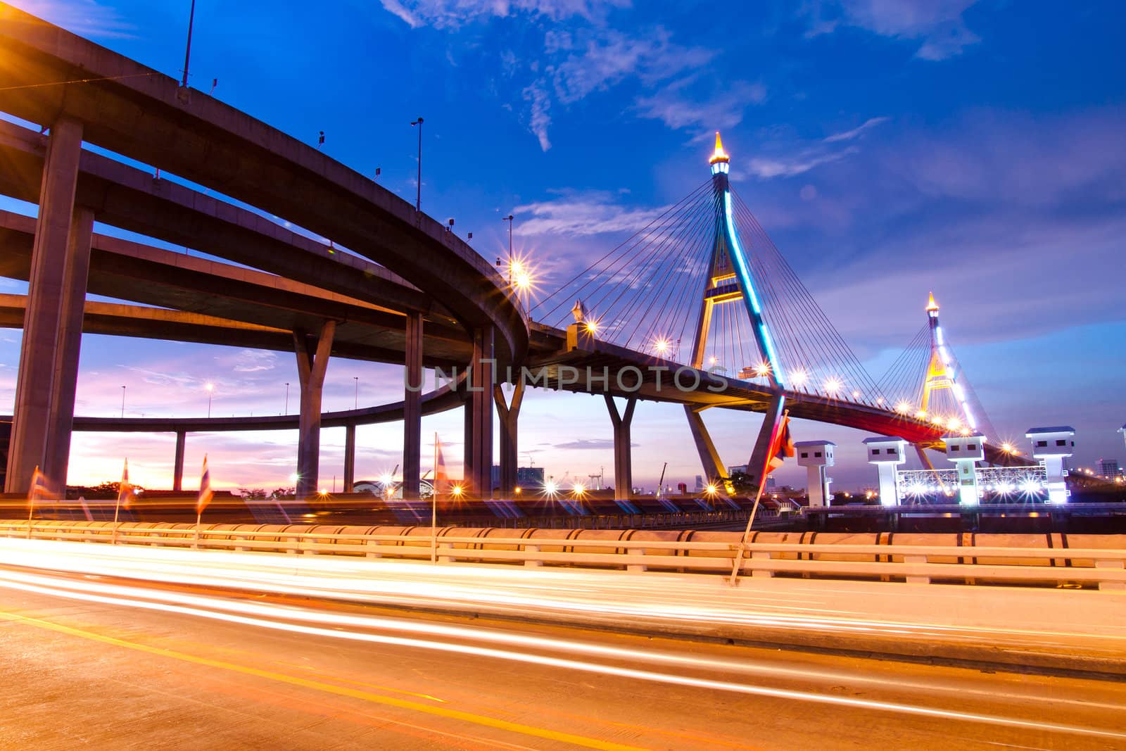 Bhumibol Bridge, The Industrial Ring Road Bridge in Bangkok. Long Exposure at night (public transportation bridge no trademark)