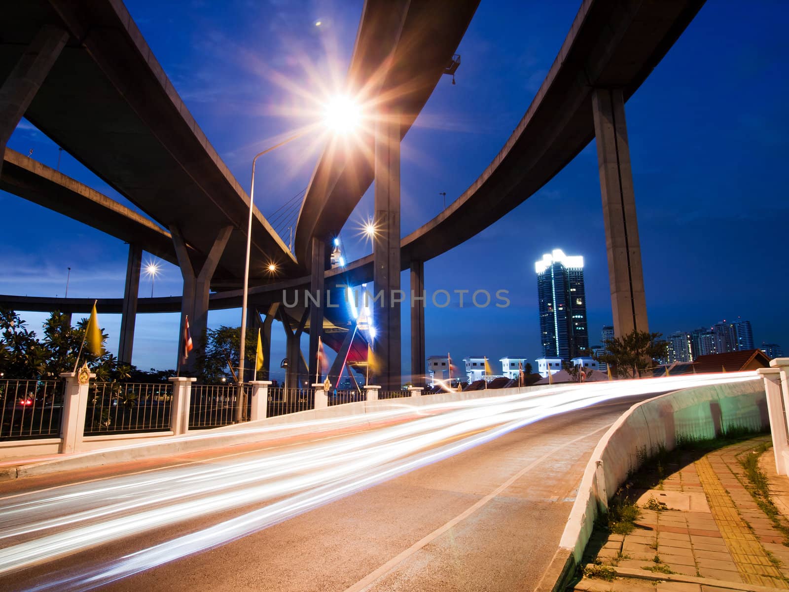Bhumibol Bridge, The Industrial Ring Road Bridge in Bangkok. Long Exposure at night