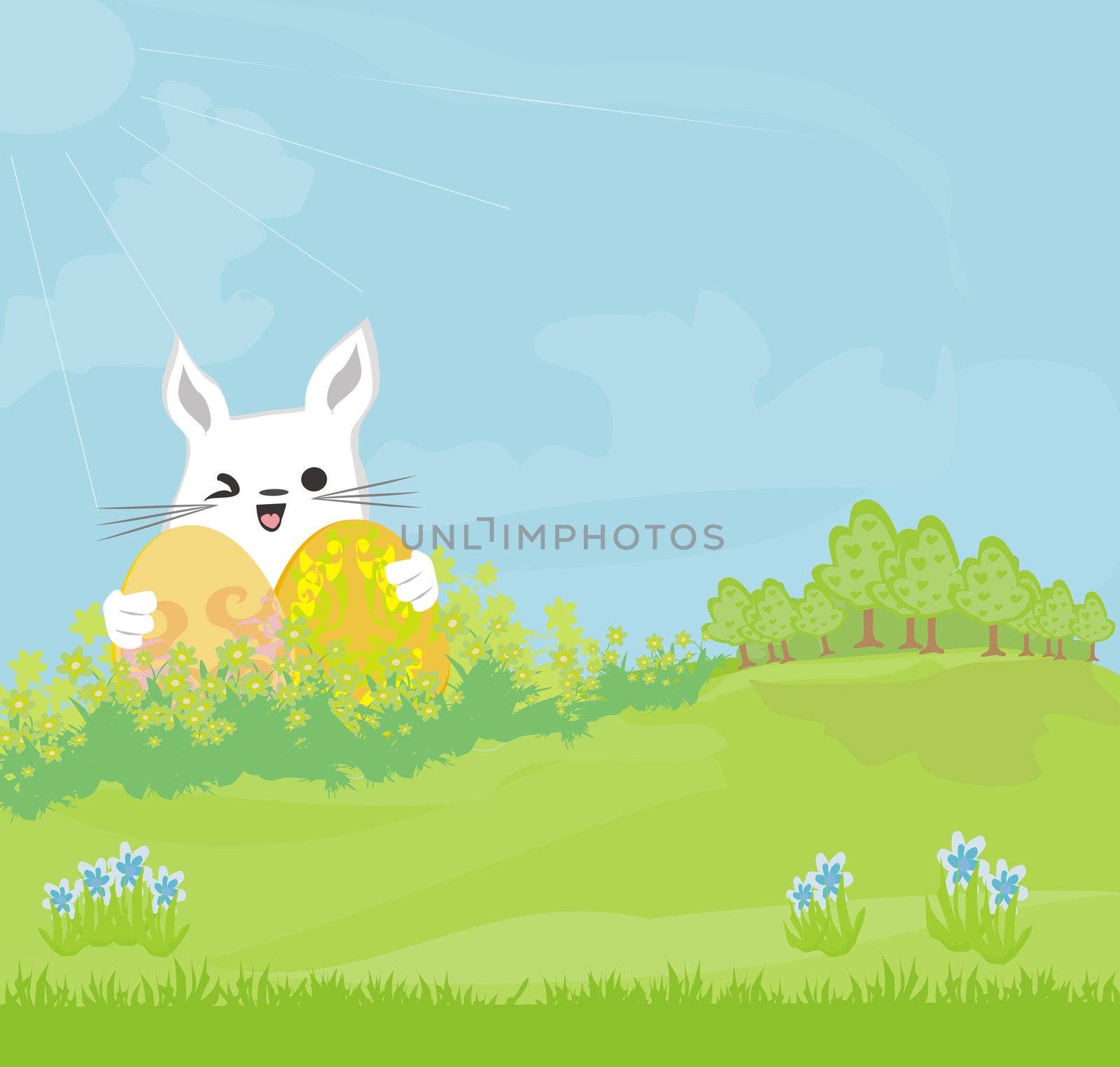 Illustration of happy Easter bunny carrying egg by JackyBrown