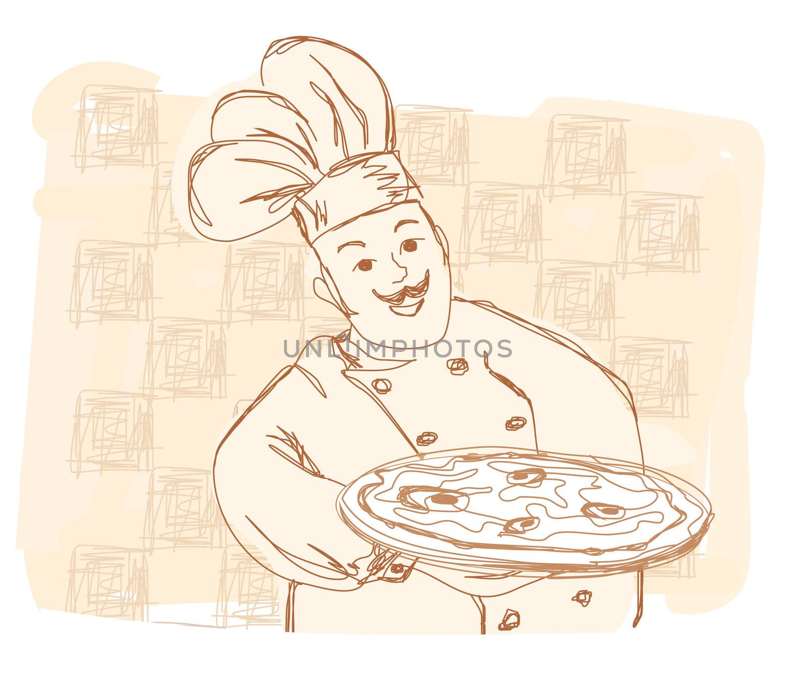 chef with pizza - doodle illustration by JackyBrown