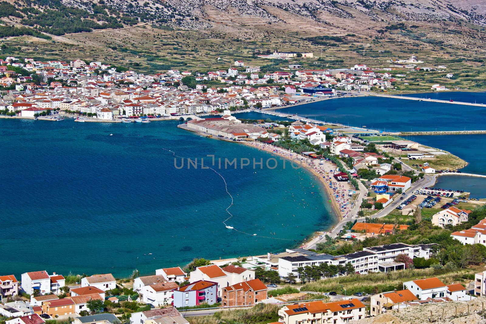 Island of Pag bay aerial view, Dalmatia, Croatia