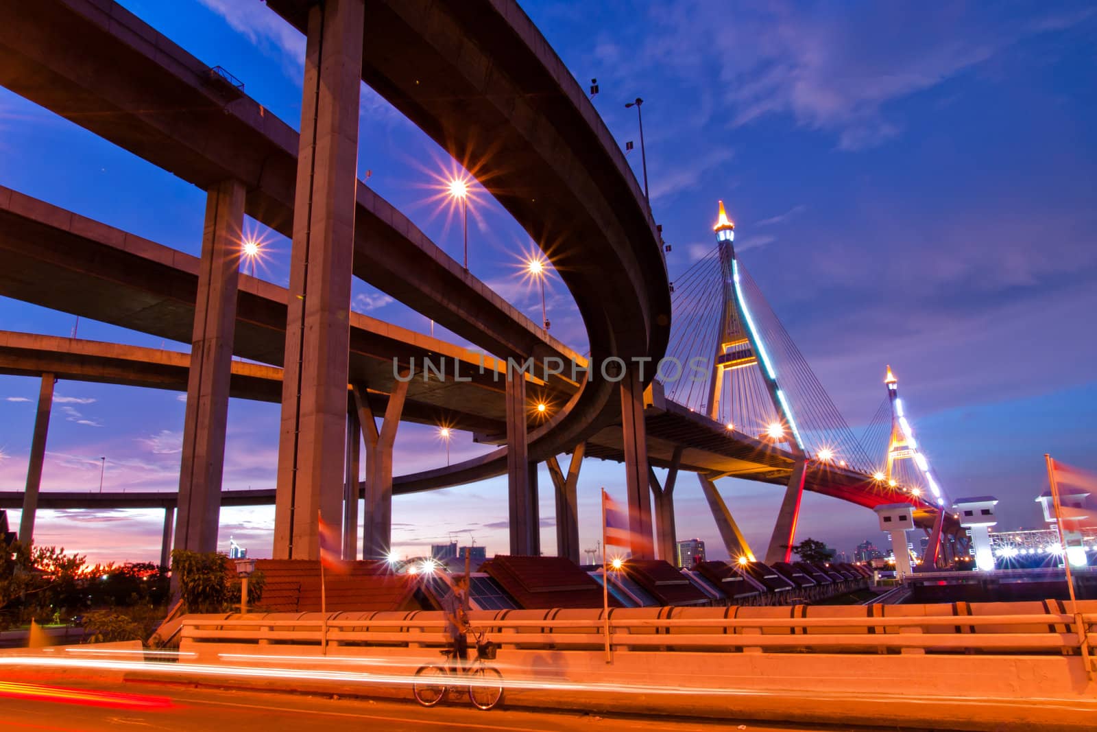 Bhumibol Bridge, The Industrial Ring Road Bridge in Bangkok. Long Exposure at night (public transportation bridge no trademark)