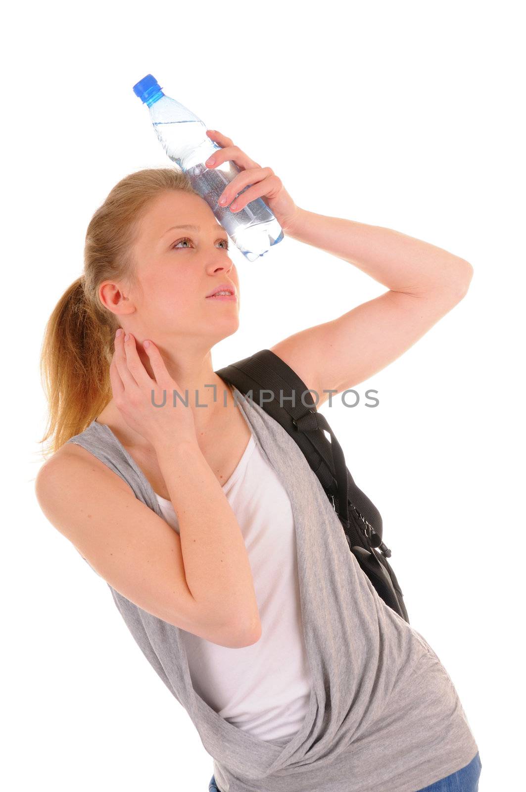 Beauty casual girl try to cool down by plastic bottle with water, isolated on white background