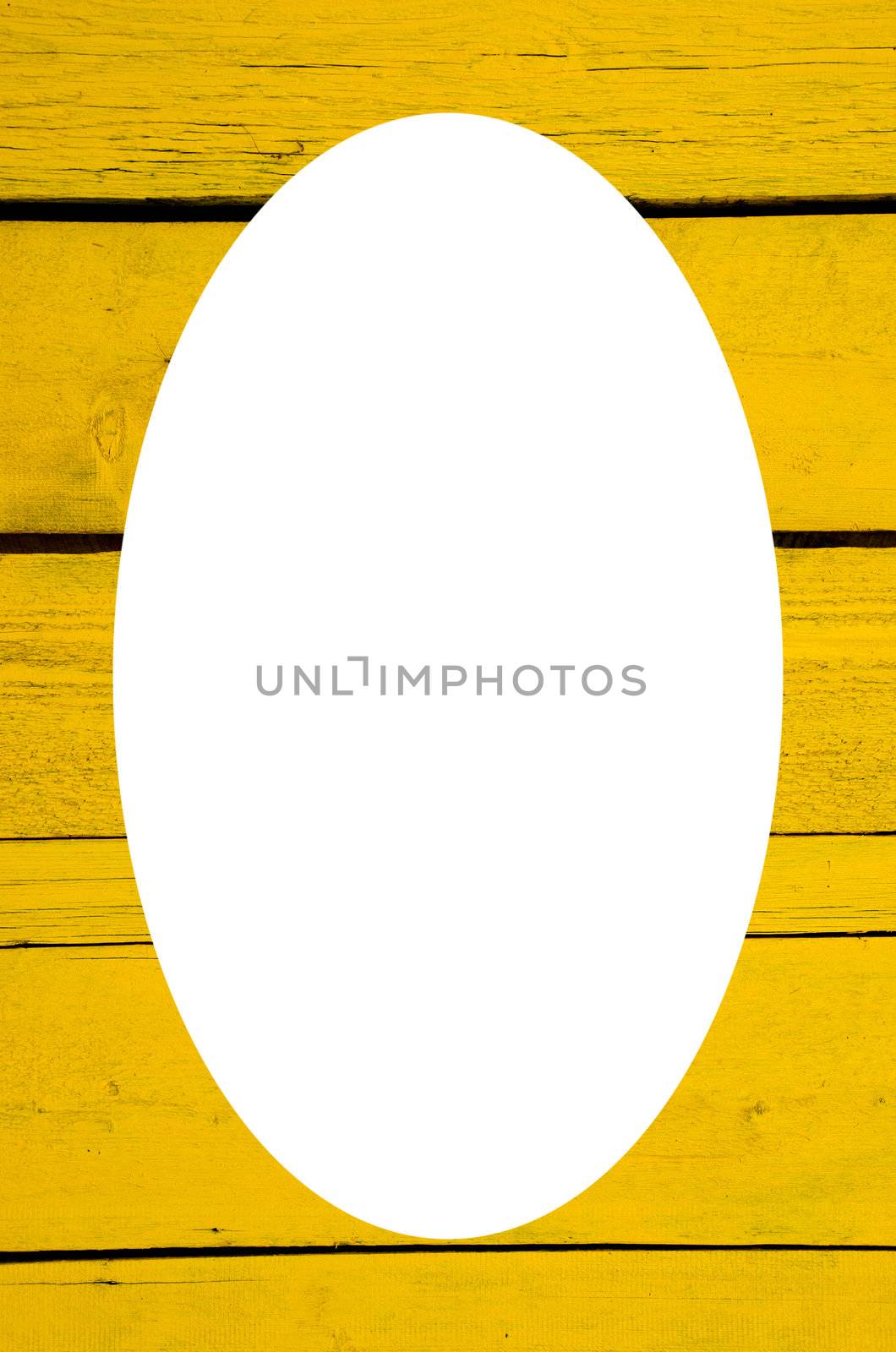 Wall made of yellow wooden planks and white oval by sauletas