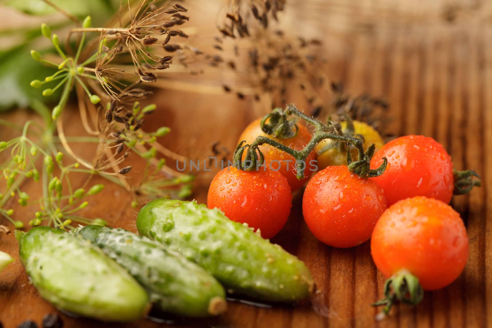 Still life of tomatoes and cucumbers on wooden table in kitchen
