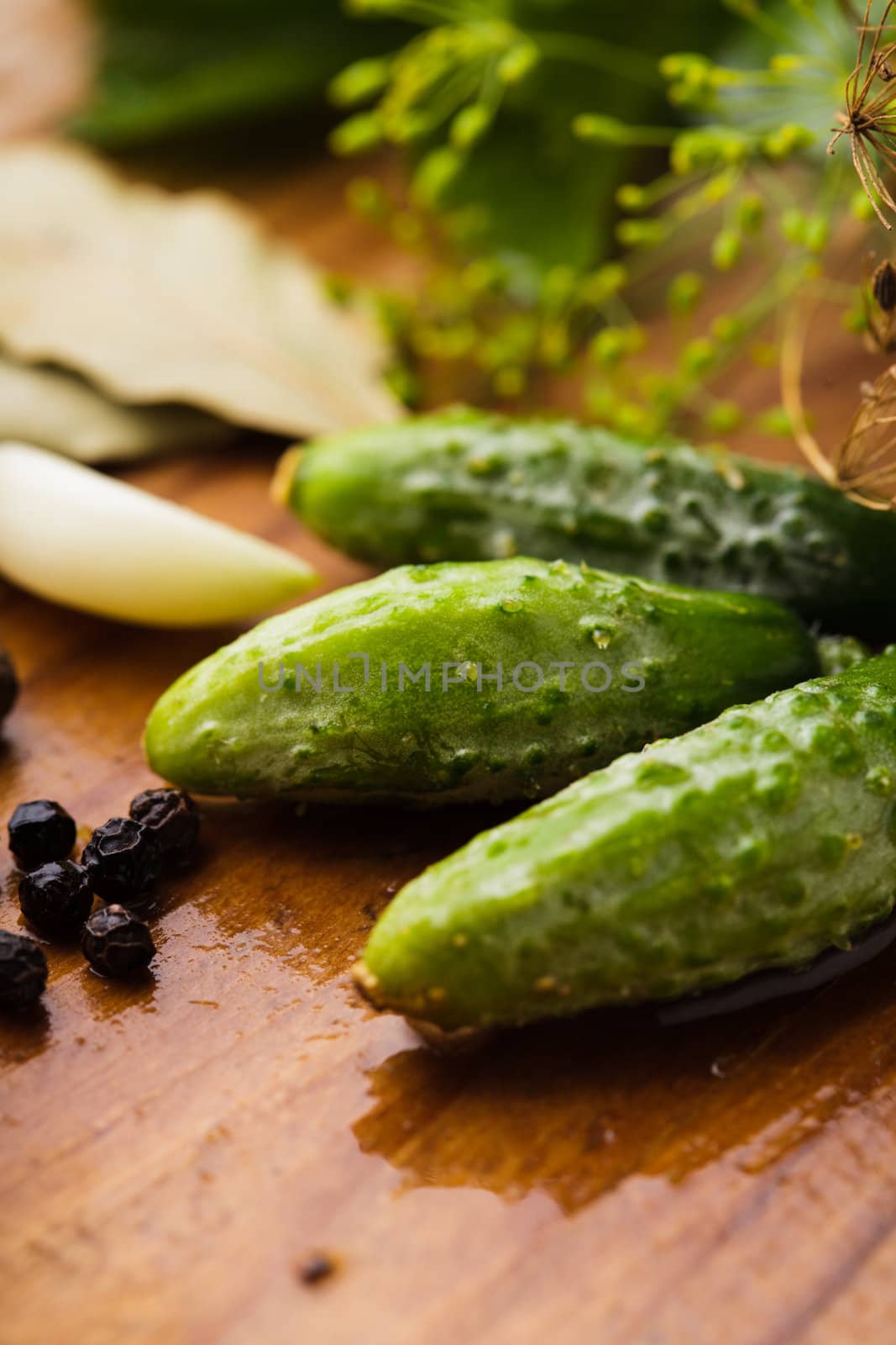 Preparation of small cucumber preserving on wooden table