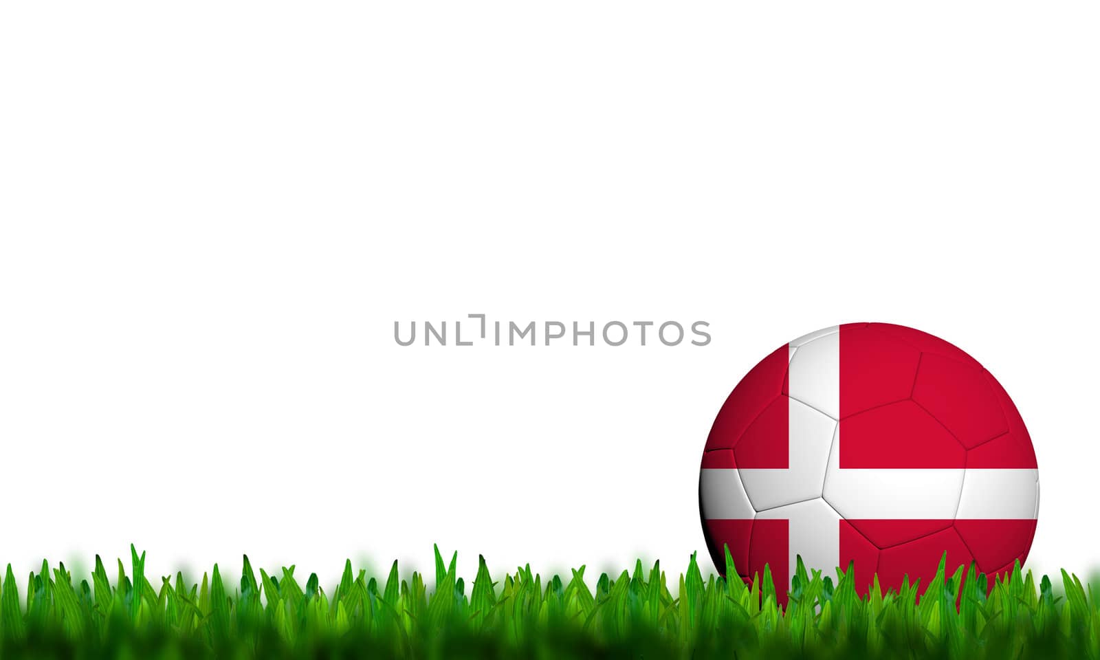 3D Football Denmark Flag Patter in green grass on white backgrou by jakgree