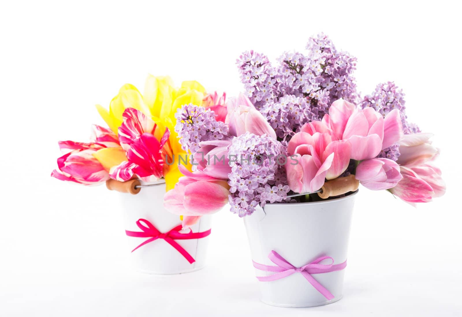 Bouquets from tulips and lilac on white