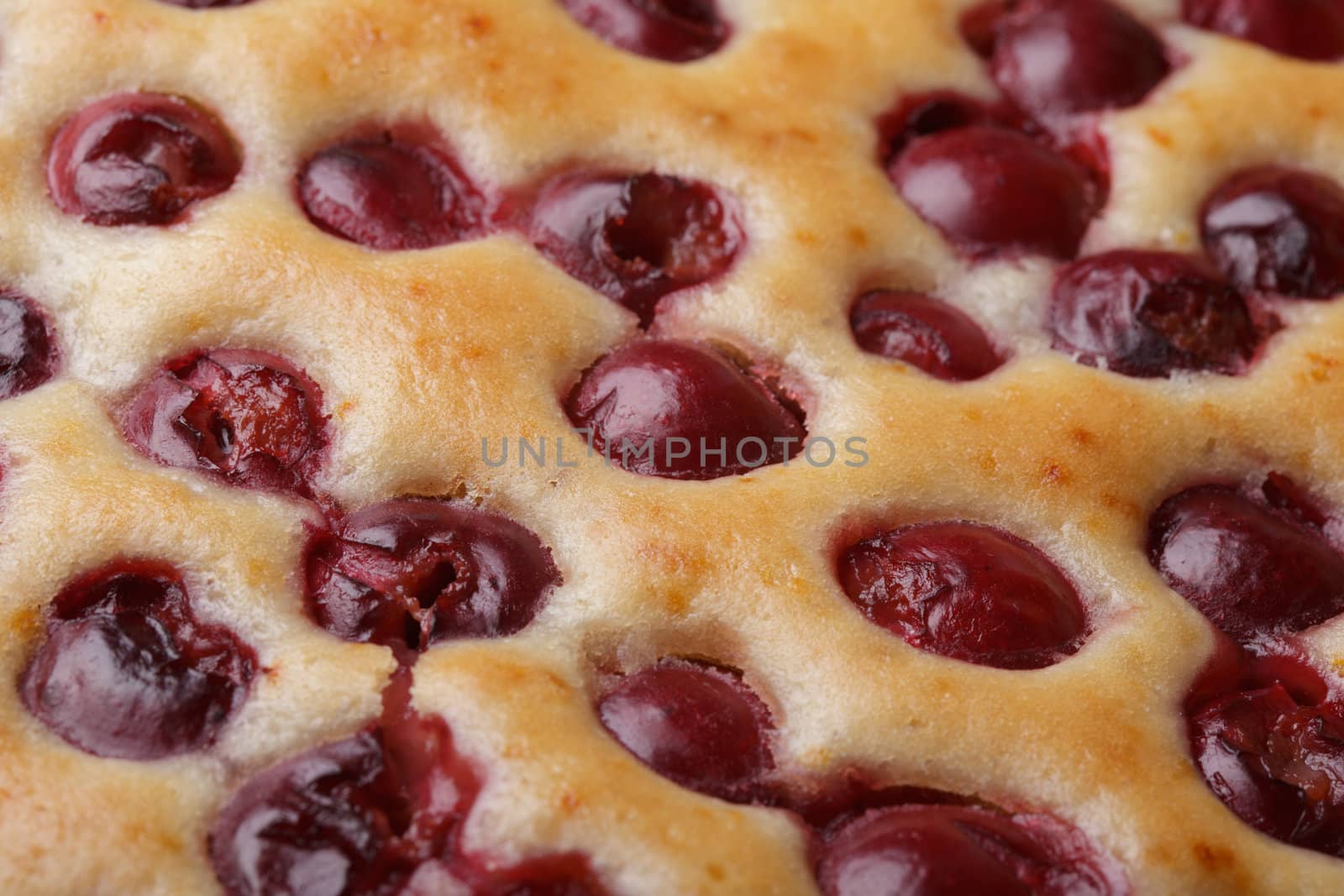 Cherry sponge cake closeup, opened after baking