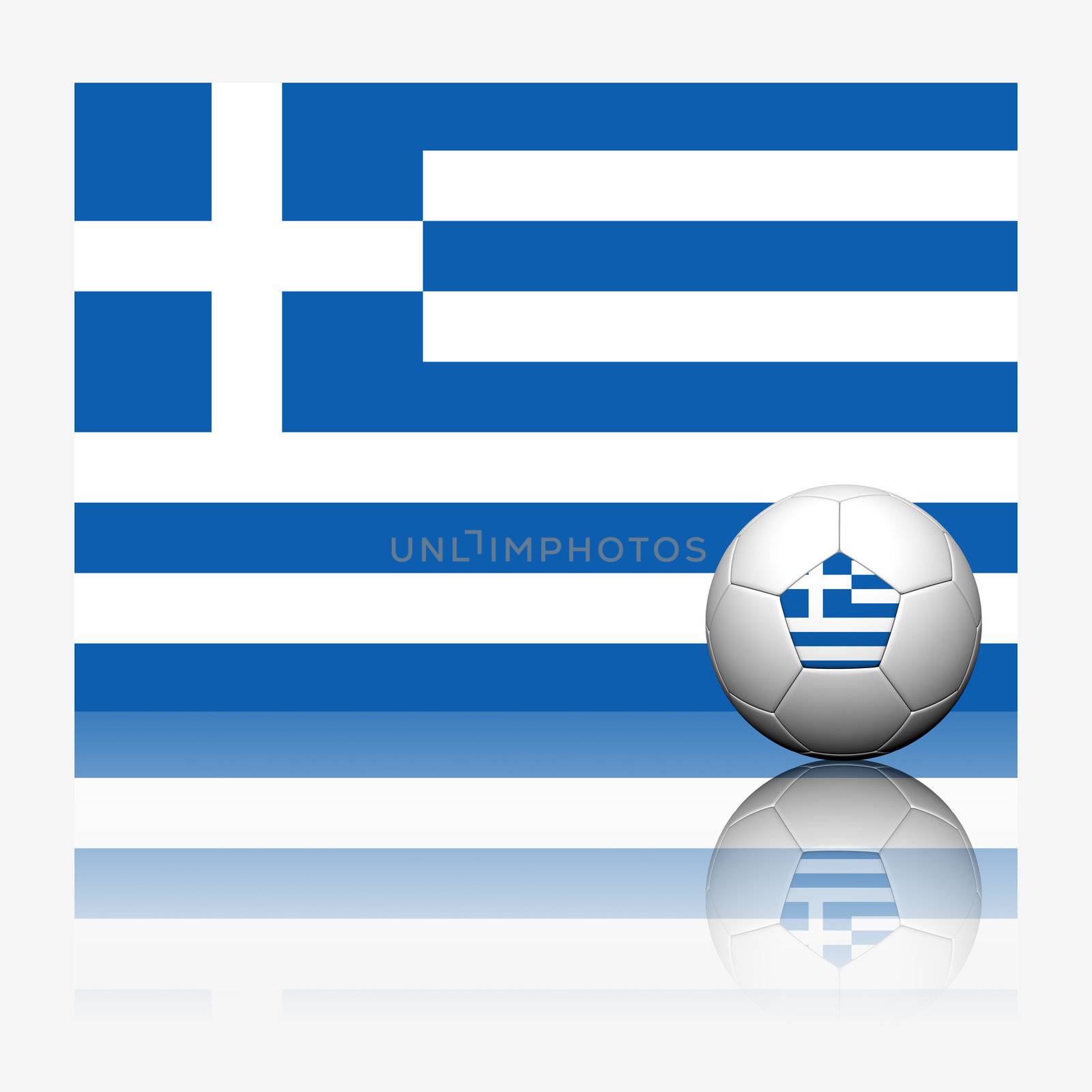 Greece soccer football and flag with reflect on white background