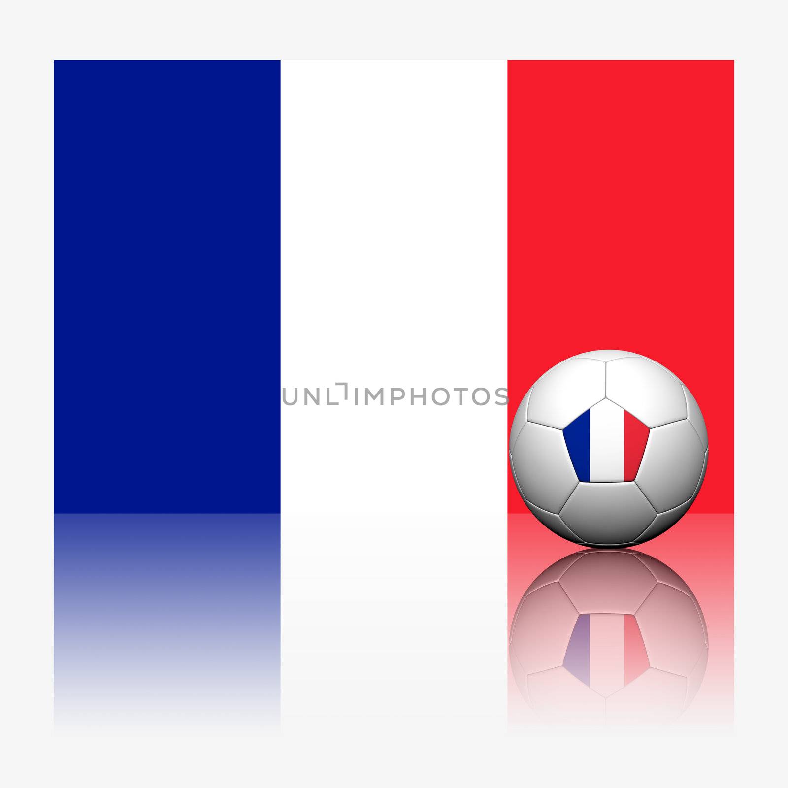 France soccer football and flag with reflect on white background