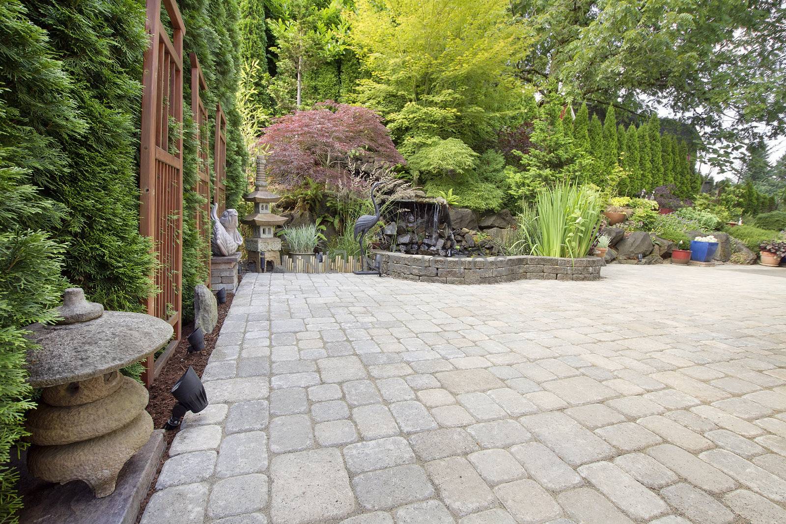 Backyard Asian Inspired Paver Patio Garden by jpldesigns