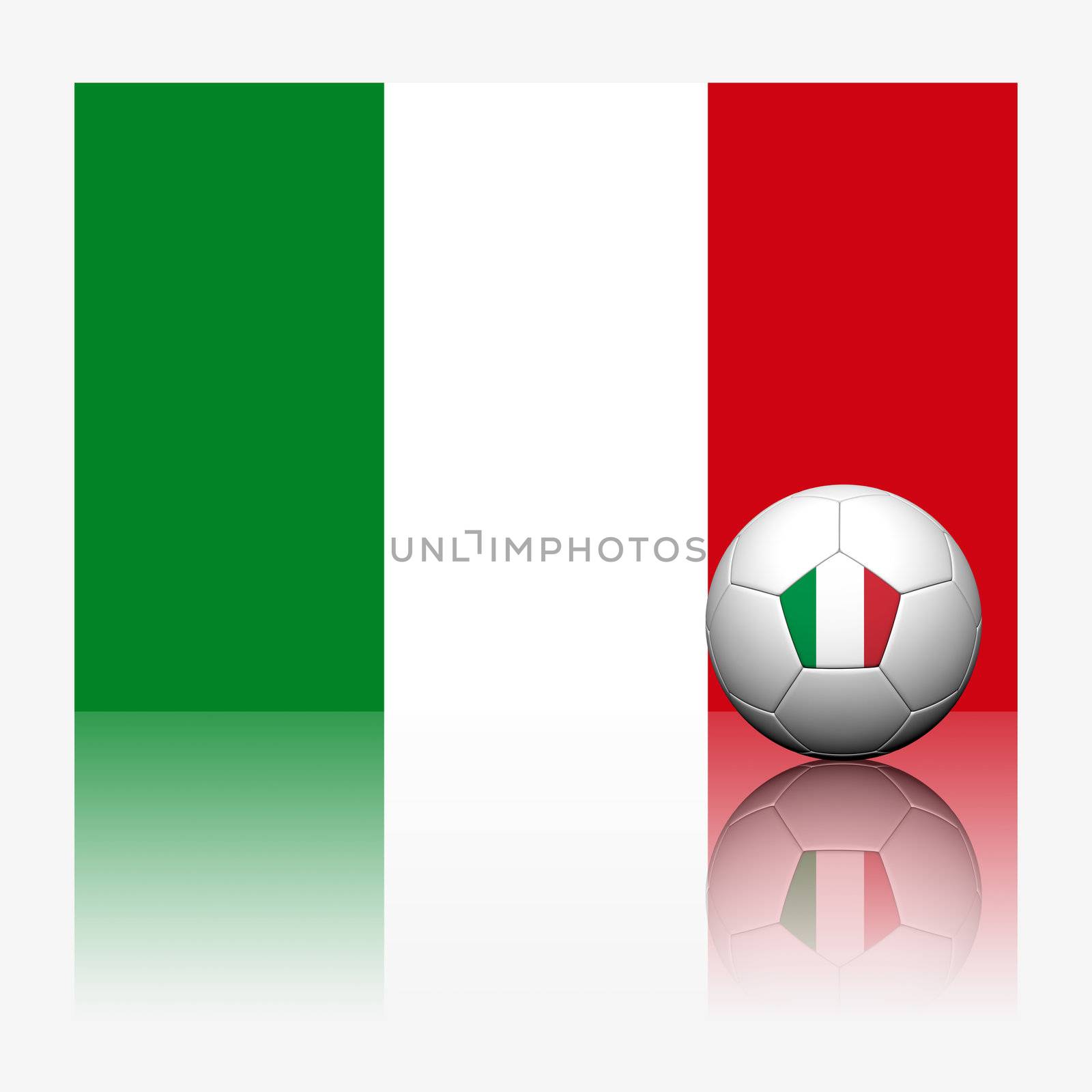 Italy soccer football and flag with reflect on white background