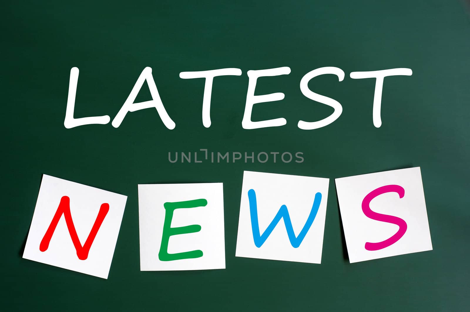 Chalk drawing of Latest news with sticky notes on a green chalkboard