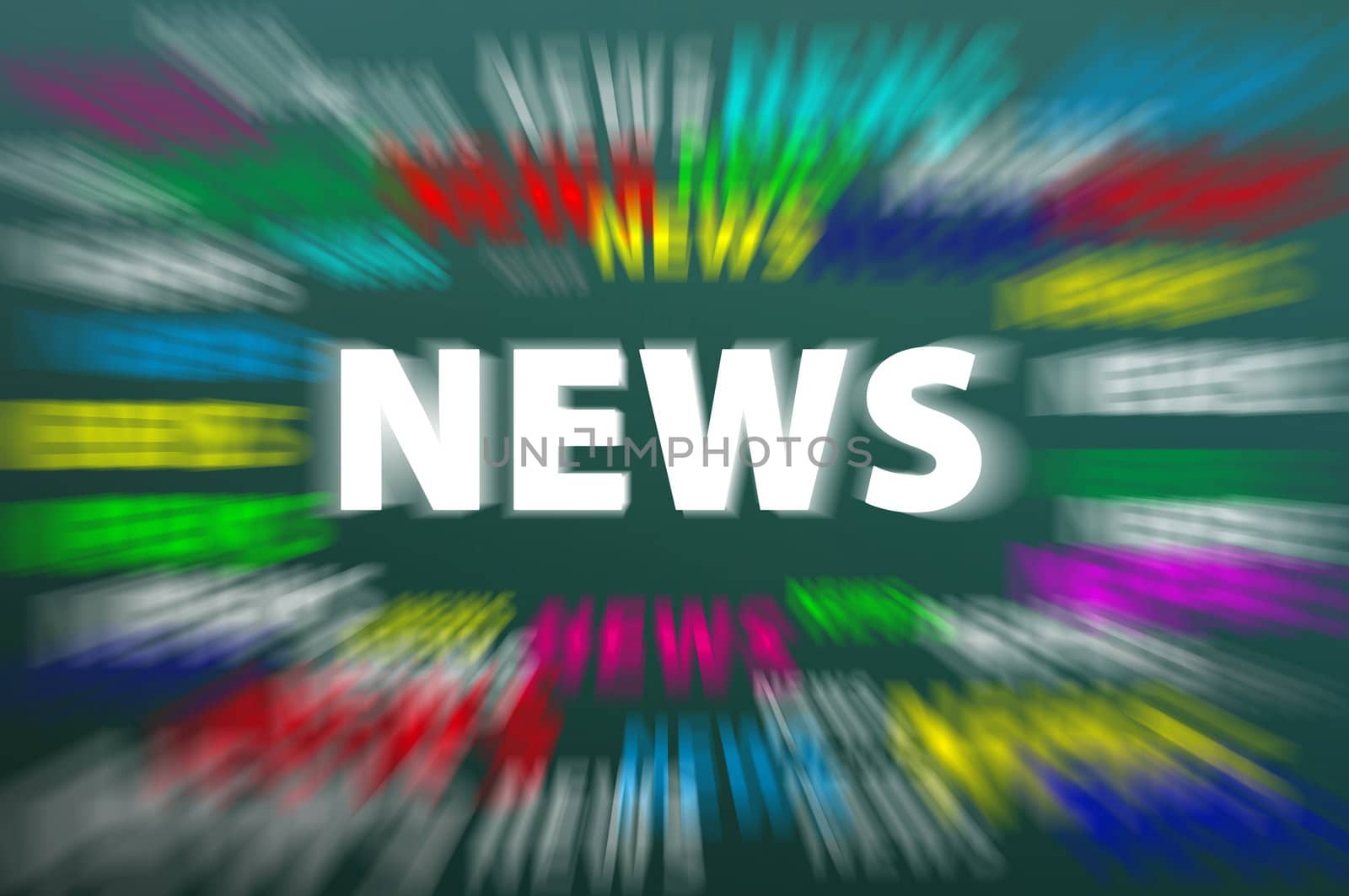 Chalk drawing of News word on a blurred chalkboard with colorful motion rays