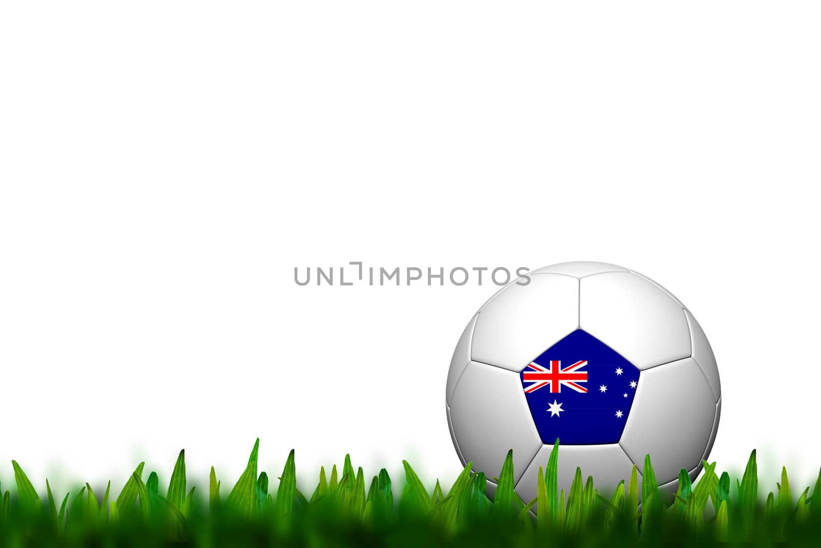 3D Soccer balll Australia Flag Patter on green grass over white  by jakgree