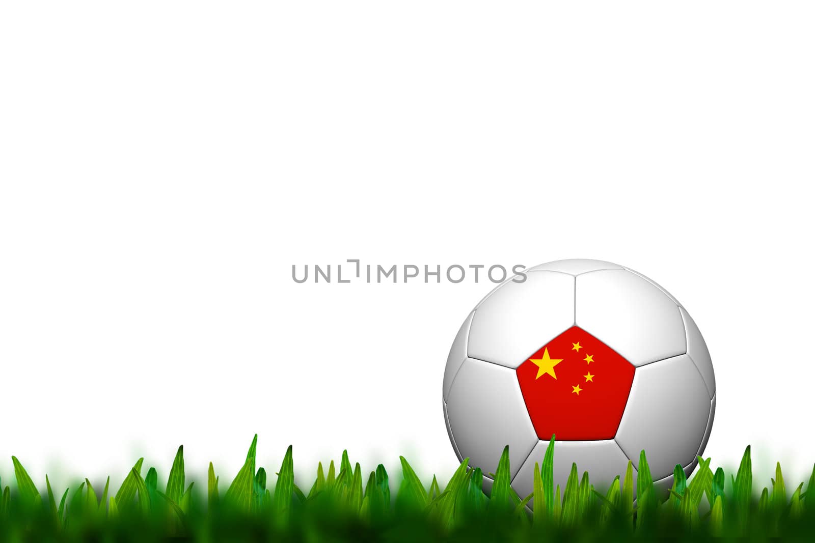 3D Soccer balll China Flag Patter on green grass over white background