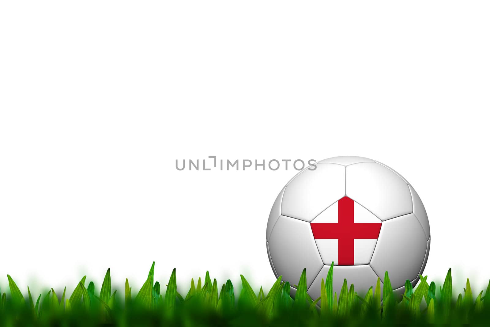 3D Soccer balll England  Flag Patter on green grass over white background