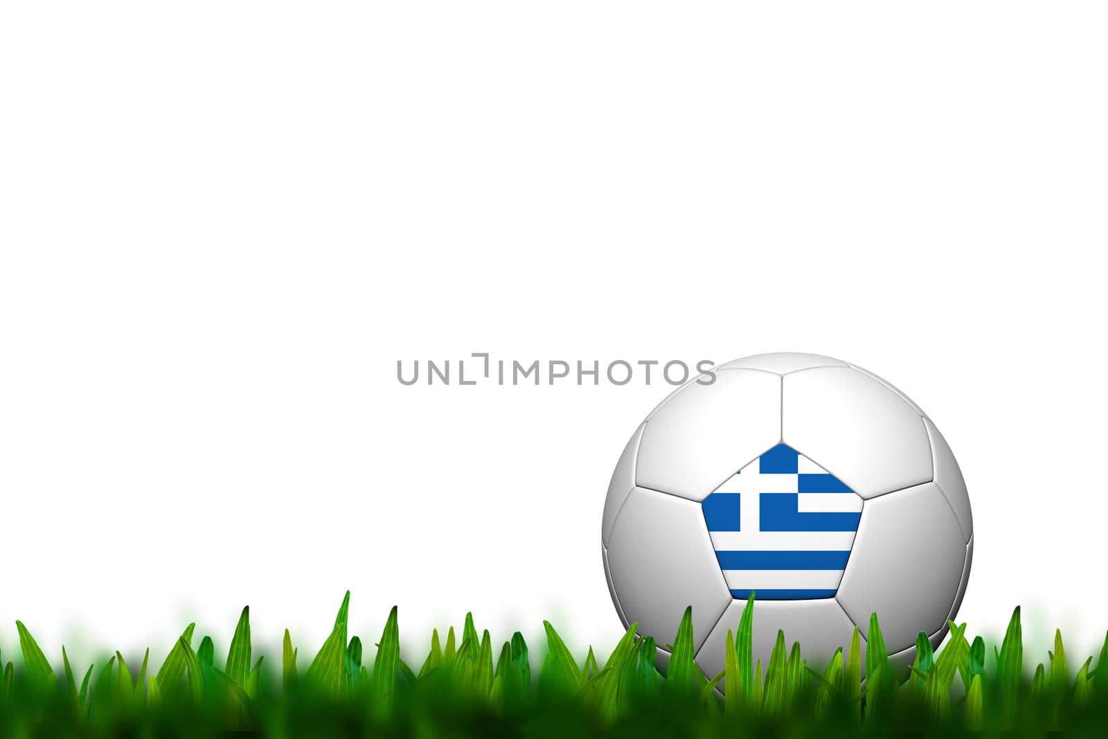 3D Soccer balll Greece Flag Patter on green grass over white background