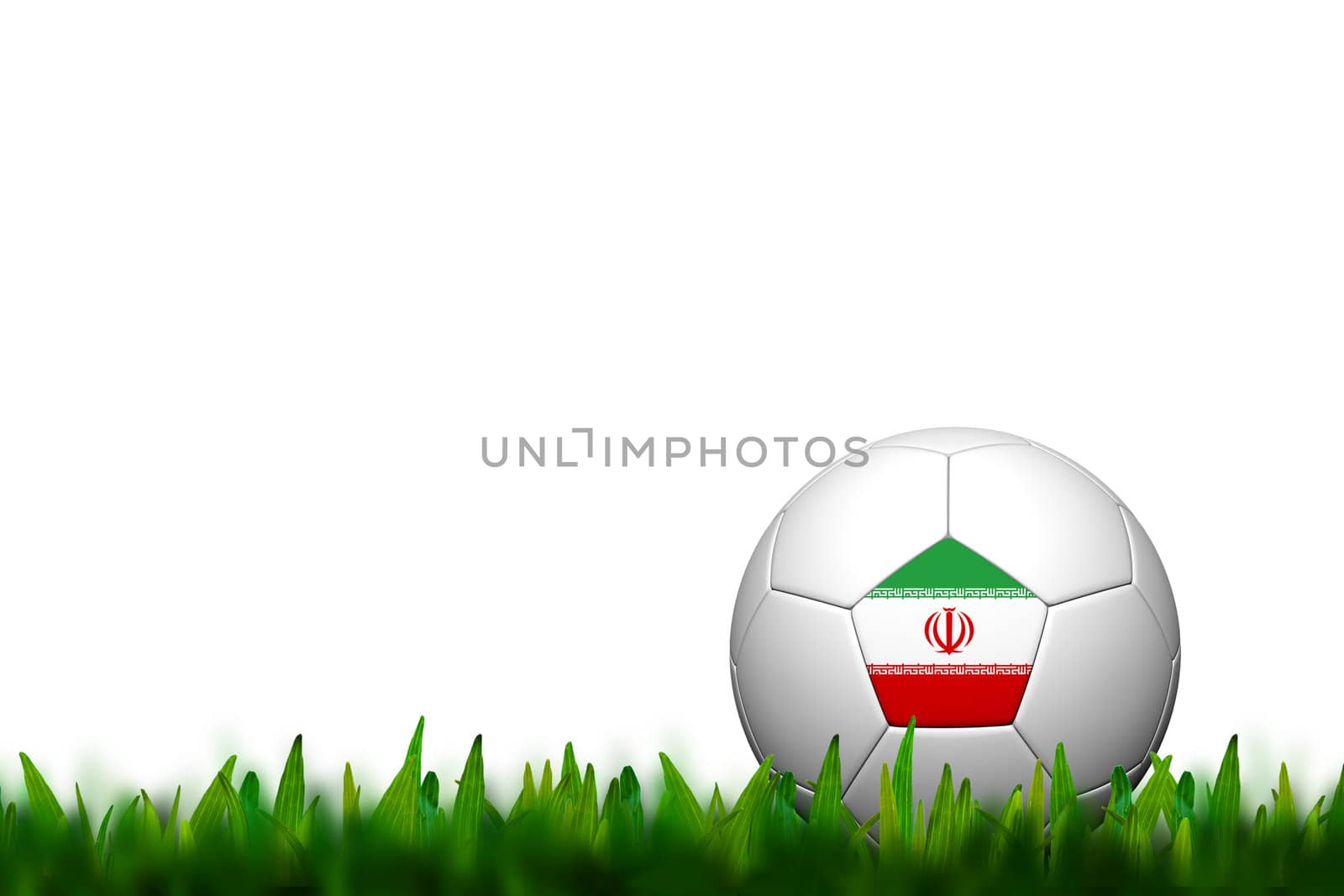 3D Soccer balll Iran Flag Patter on green grass over white background