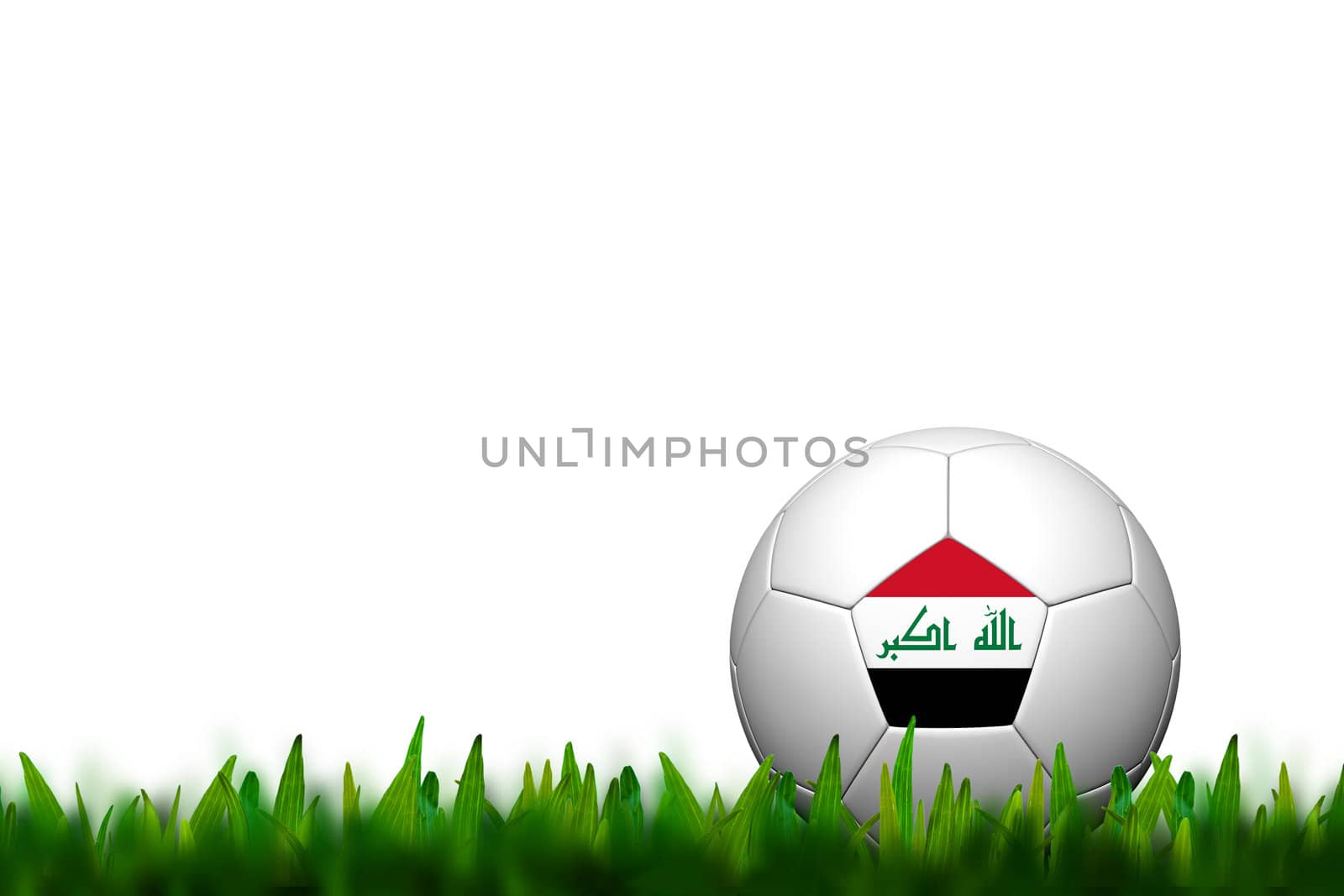 3D Soccer balll Iraq Flag Patter on green grass over white background