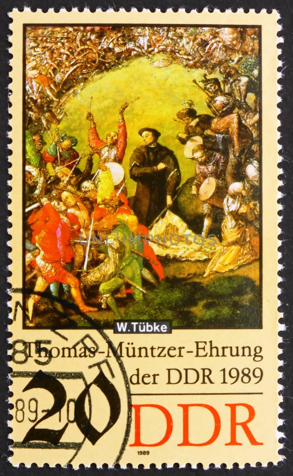 GDR - CIRCA 1989: a stamp printed in GDR shows Battle Scene, Detail of the Painting Early Bourgeois Revolution in Germany in 1525 by Werner Tubke, circa 1989