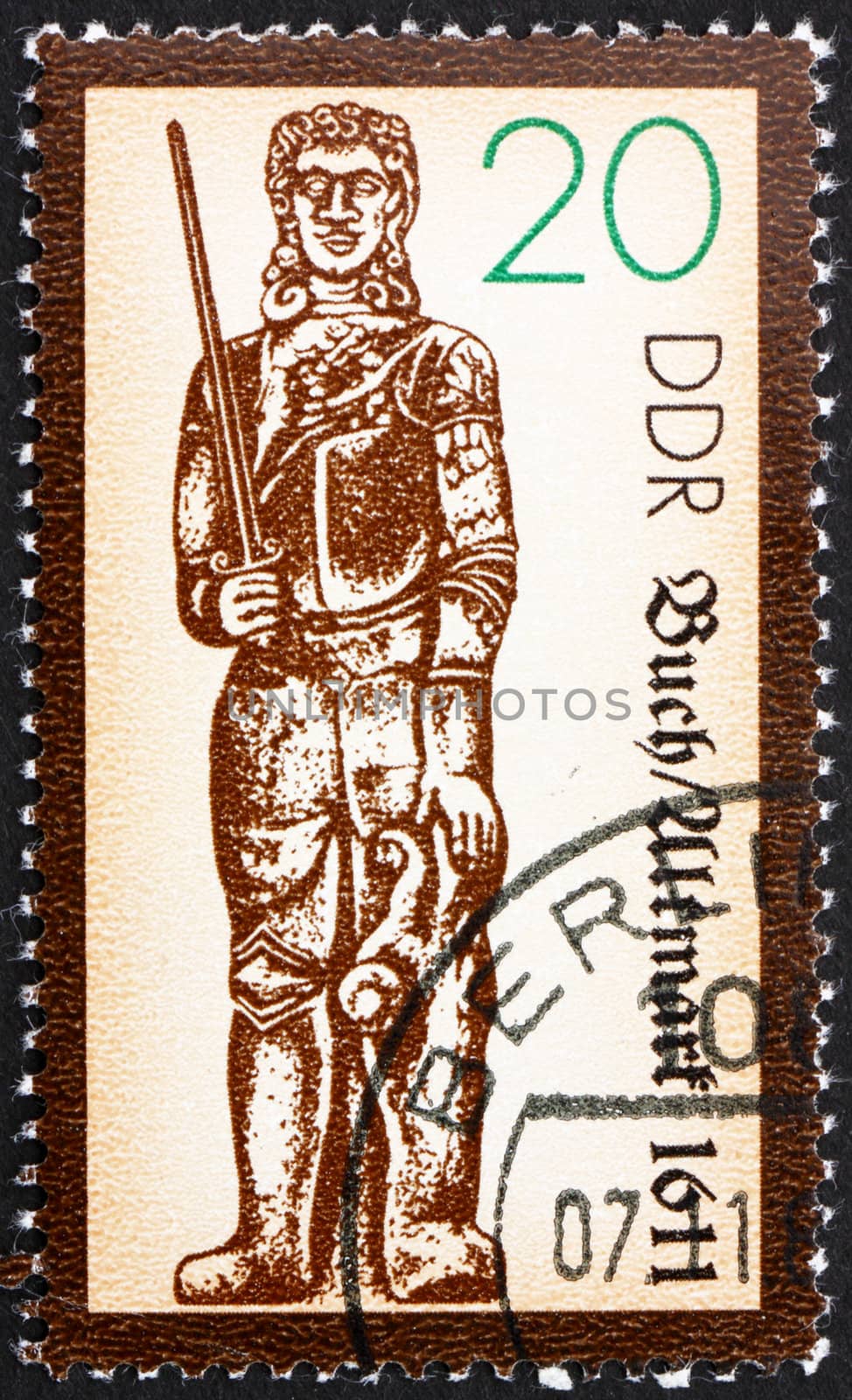 GDR - CIRCA 1989: a stamp printed in GDR shows Statue of Roland, Medieval Hero, Buch-Altmark, 1445, circa 1989