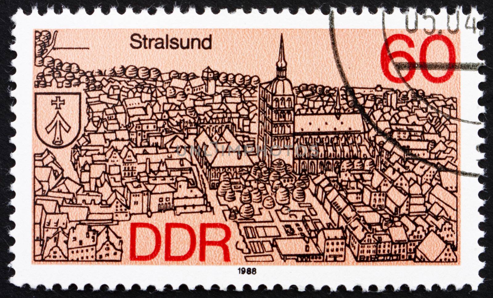 GDR - CIRCA 1988: a stamp printed in GDR shows Stralsund, District Capital, Vorpommern-Rugen, Germany, circa 1988