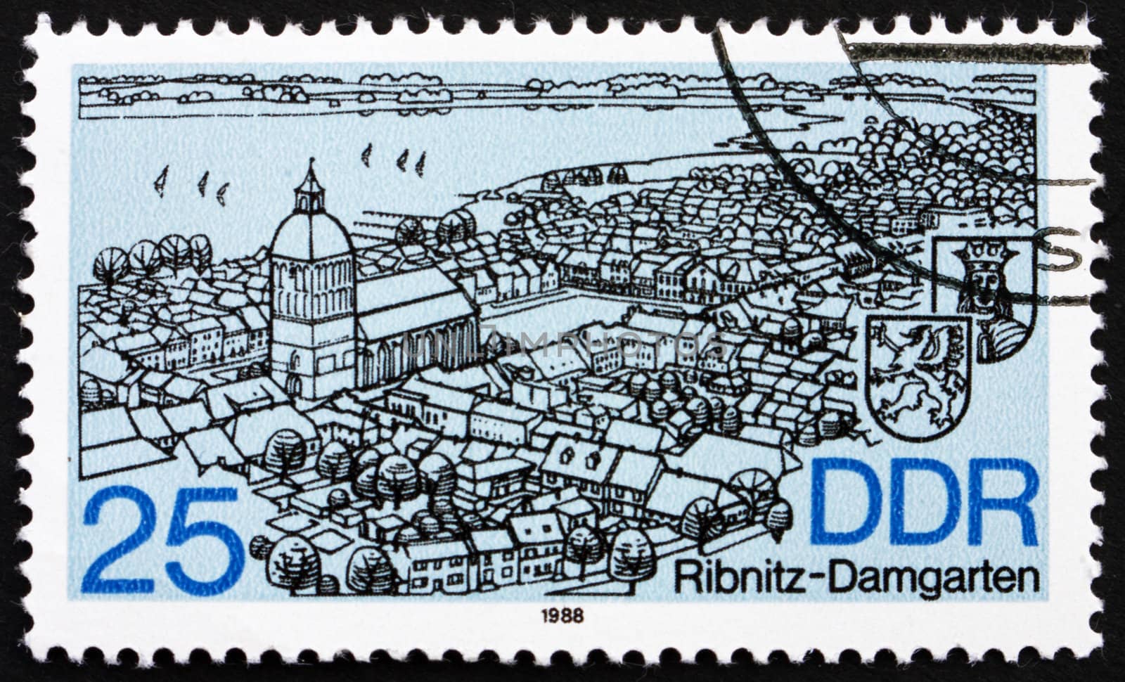 GDR - CIRCA 1988: a stamp printed in GDR shows Ribnitz-Damgarten, Town in Vorpommern-Rugen, Germany, circa 1988