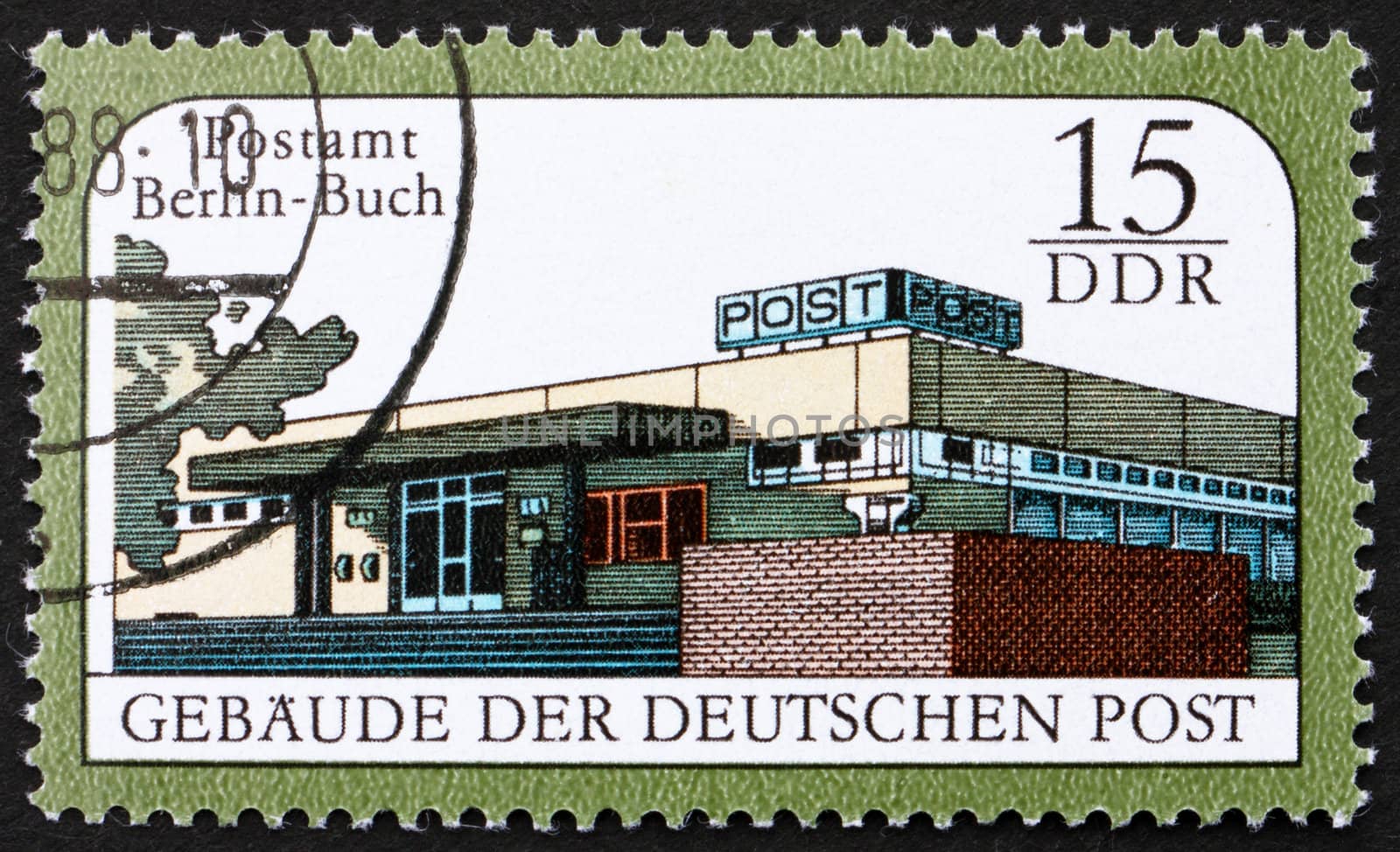 GDR - CIRCA 1988: a stamp printed in GDR shows Berlin-Buch Post Office, Postal Building, East Berlin, circa 1988
