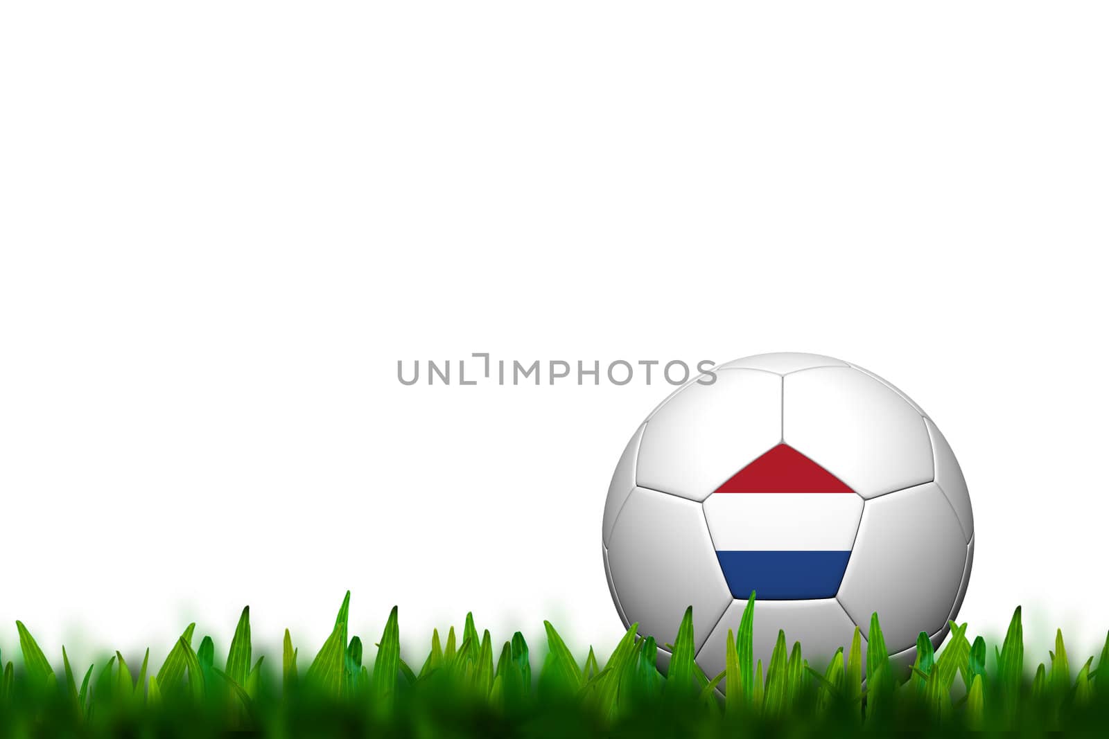 3D Soccer balll Netherlands Flag Patter on green grass over whit by jakgree