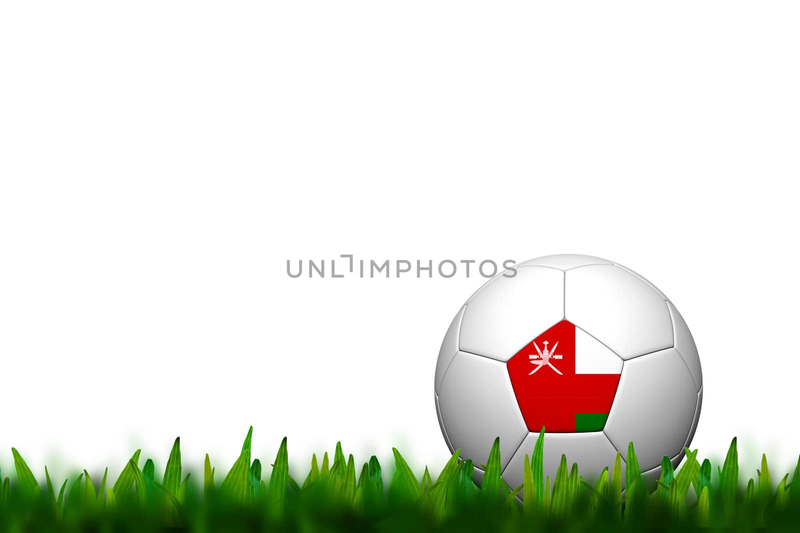 3D Soccer balll Oman Flag Patter on green grass over white backg by jakgree