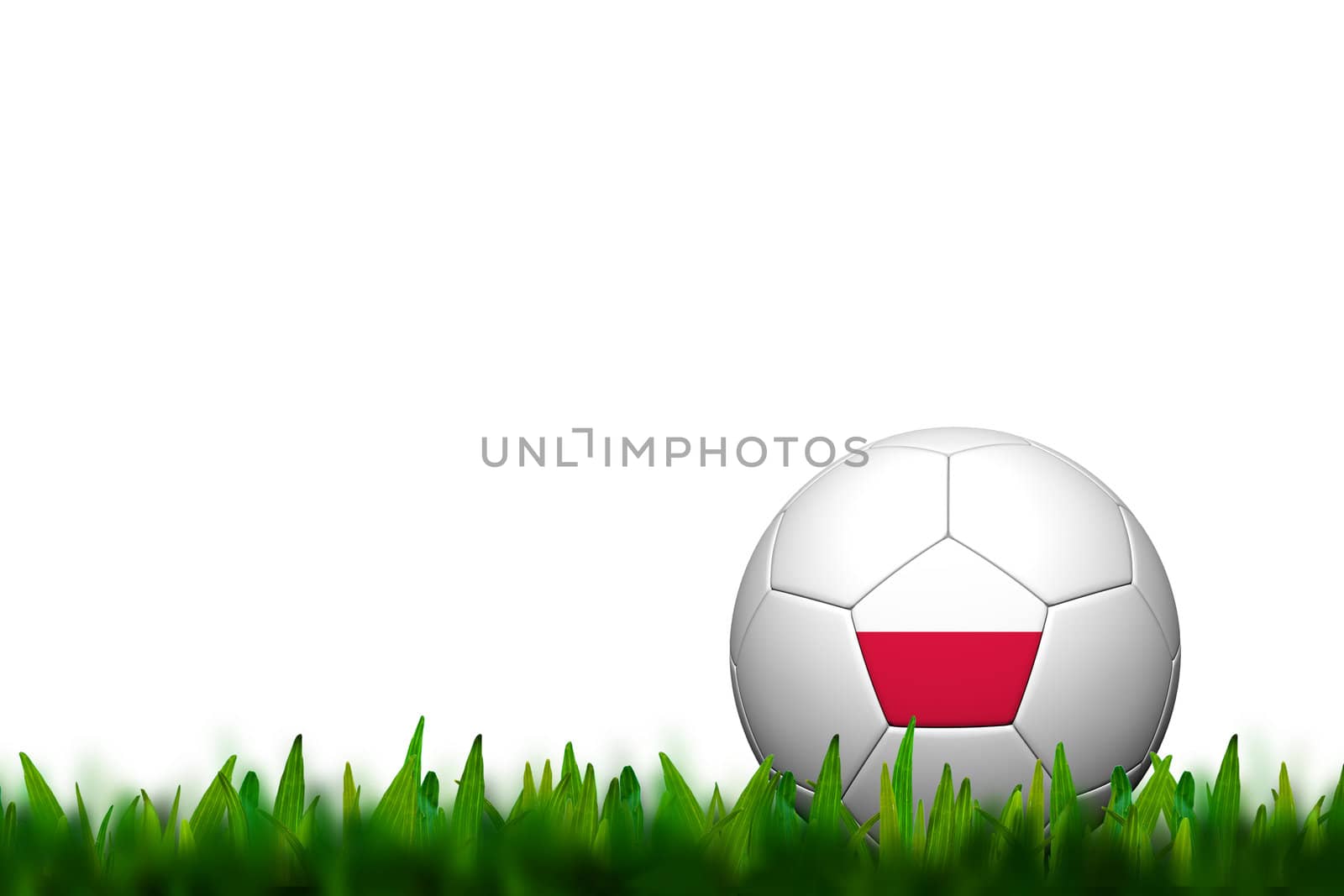 3D Soccer balll Poland Flag Patter on green grass over white bac by jakgree