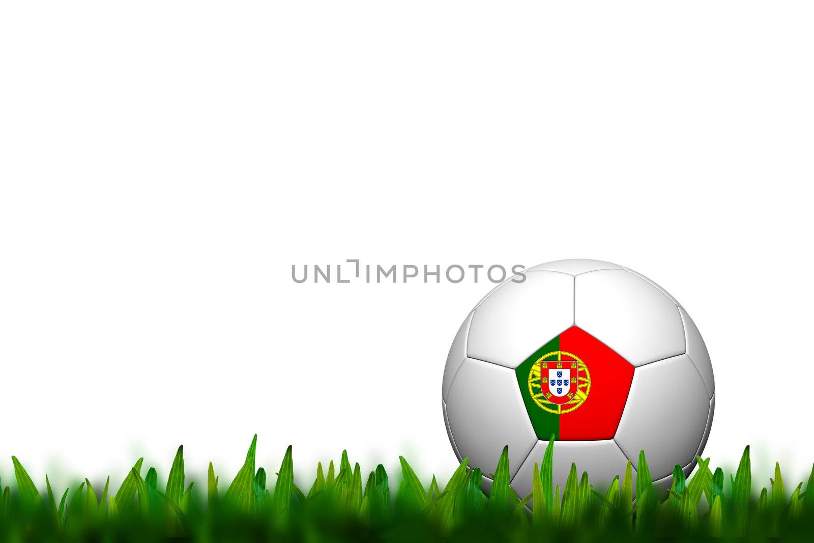 3D Soccer balll Portugal Flag Patter on green grass over white background