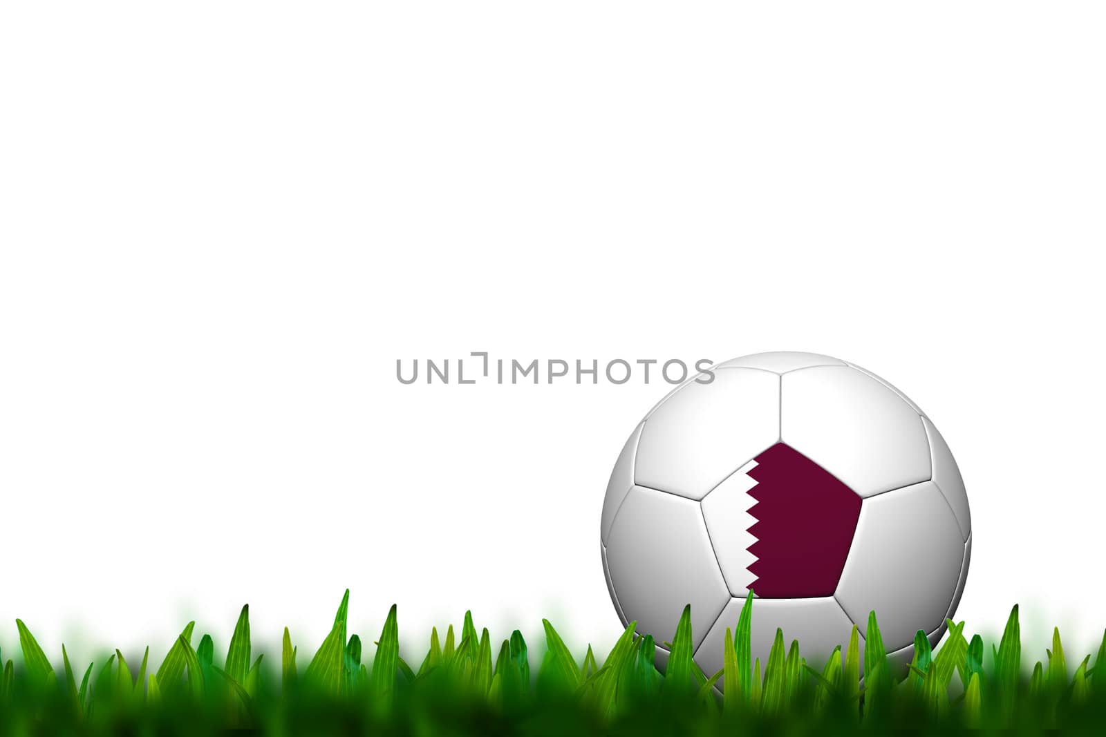 3D Soccer balll Qatar  Flag Patter on green grass over white bac by jakgree