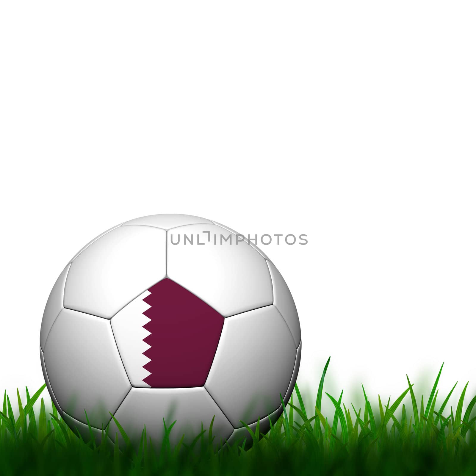 3D Football Qatar Flag Patter in green grass on white background