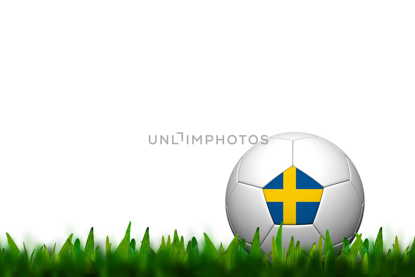 3D Soccer balll Sweden Flag Patter on green grass over white bac by jakgree