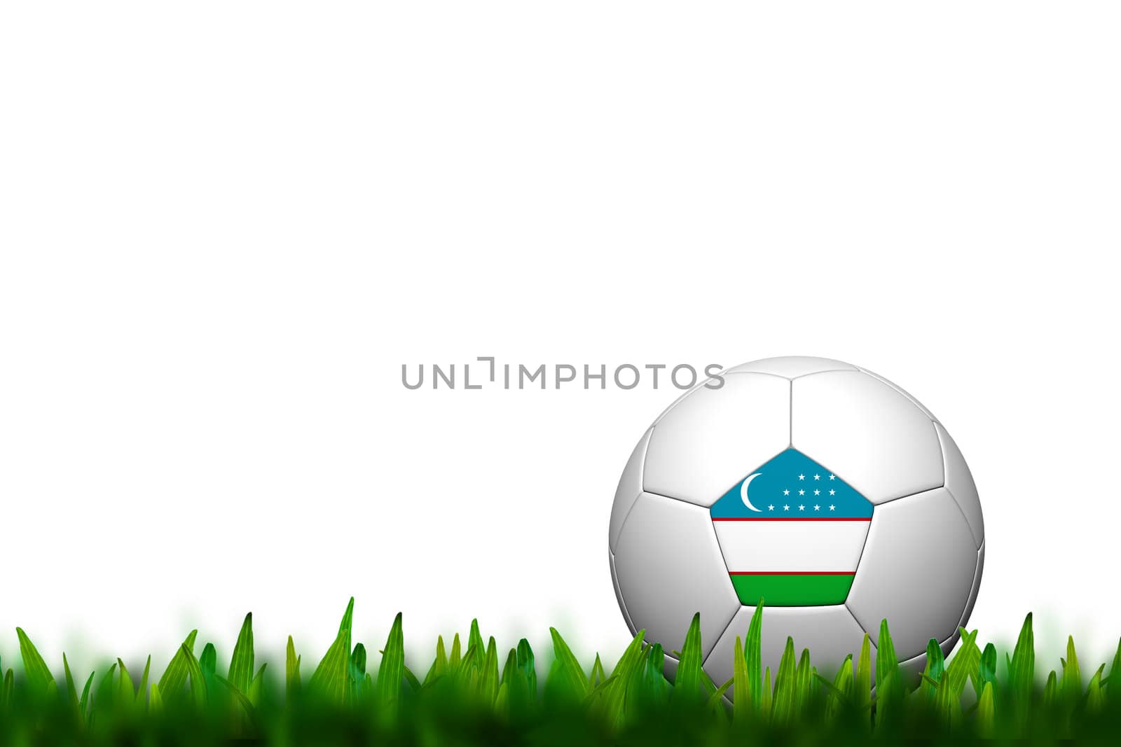 3D Soccer balll Uzbekistan Flag Patter on green grass over white background