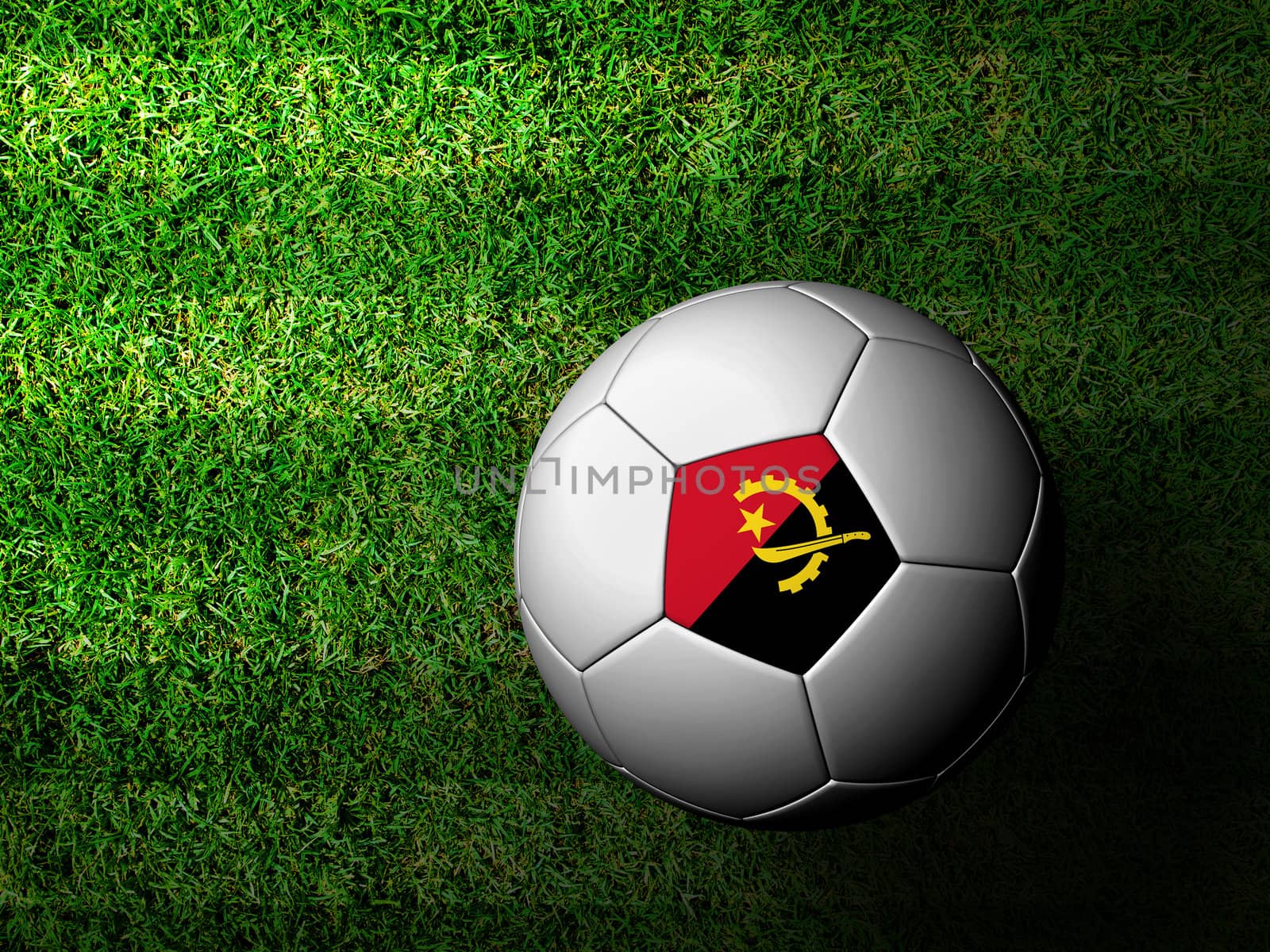 Angola Flag Pattern 3d rendering of a soccer ball in green grass by jakgree