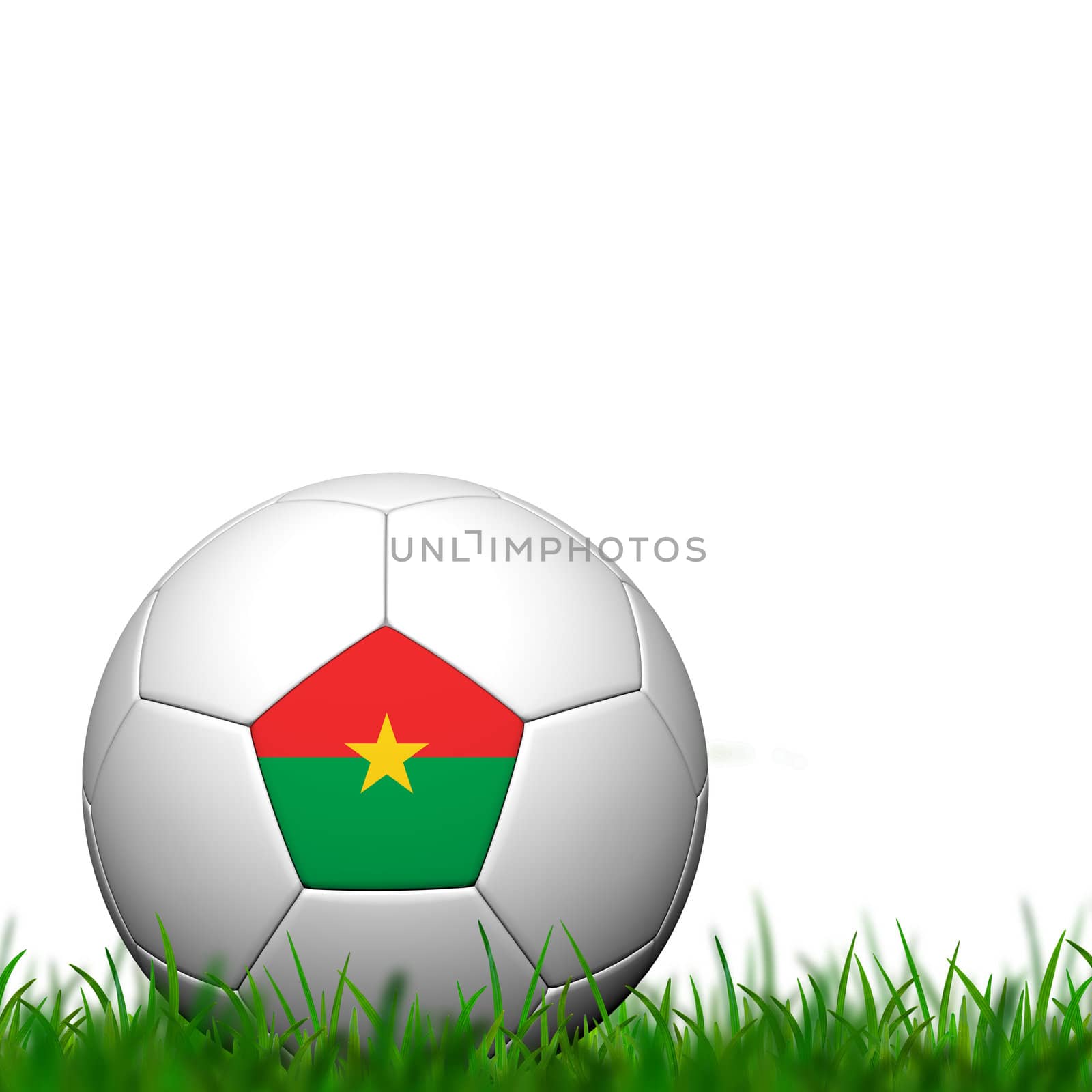 3D Soccer balll  Burkina Faso Flag Patter on green grass over white background