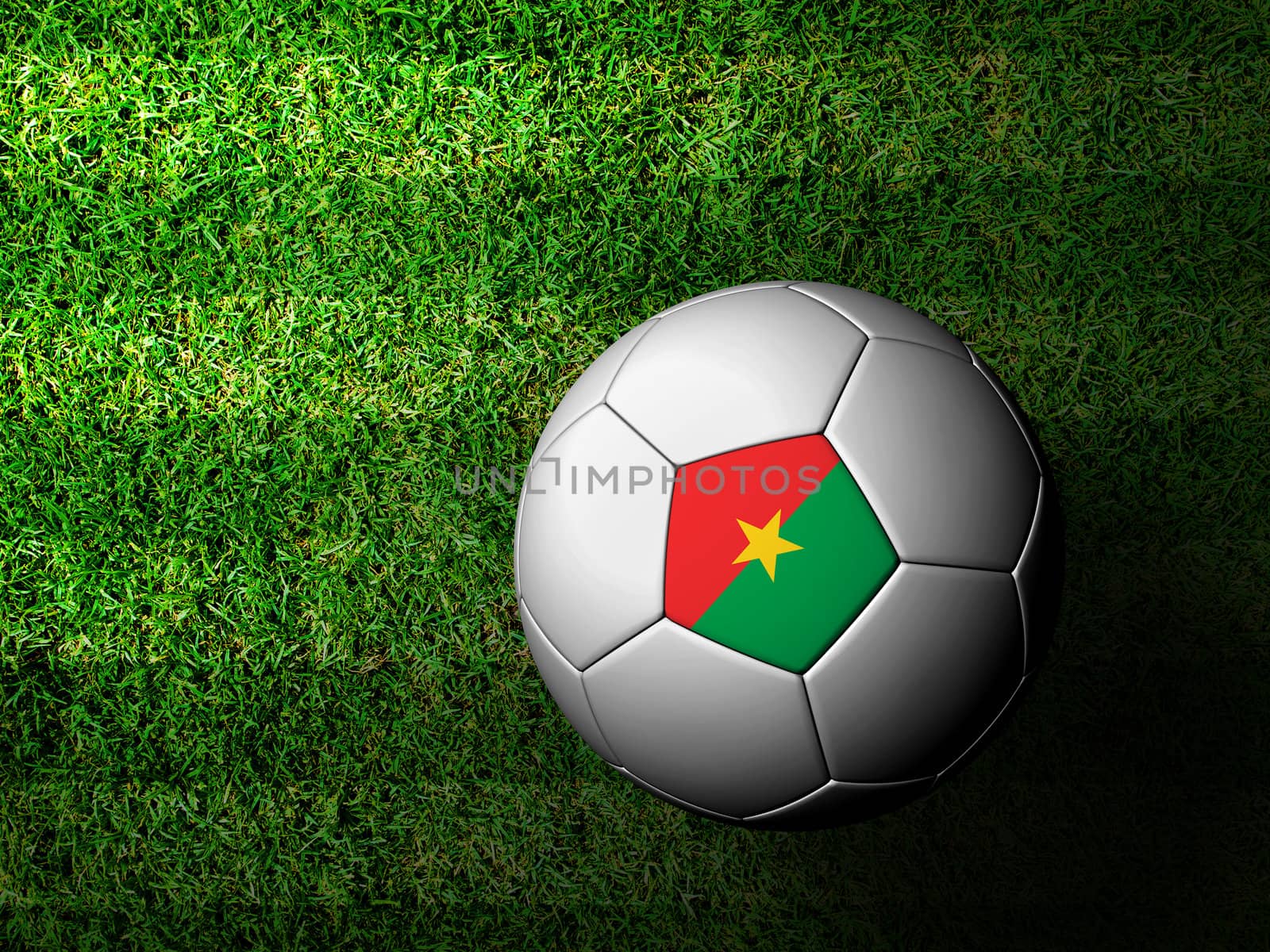 Burkina  Flag Pattern 3d rendering of a soccer ball in green grass