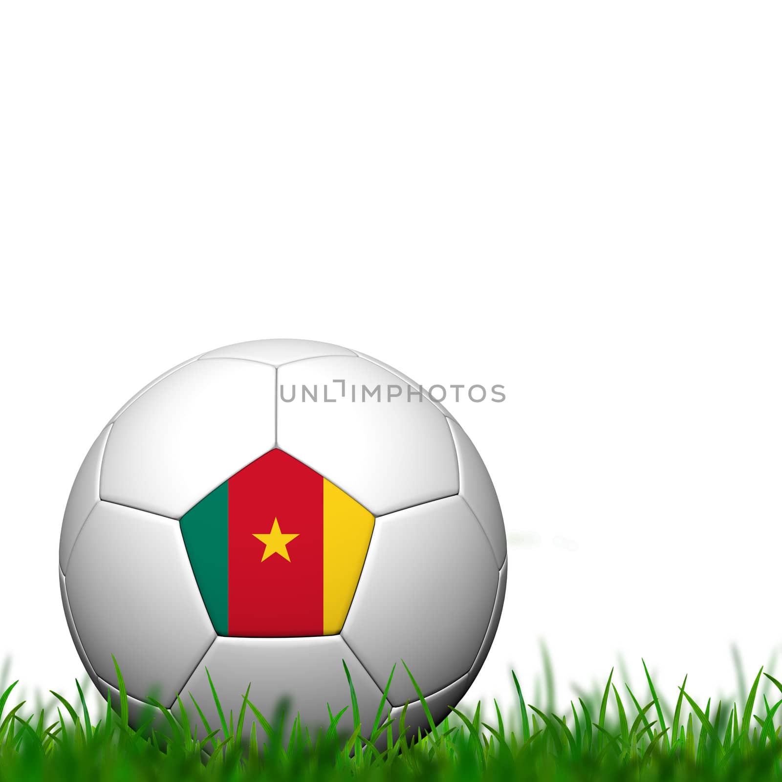 3D Soccer balll Cameroon Flag Patter on green grass over white b by jakgree